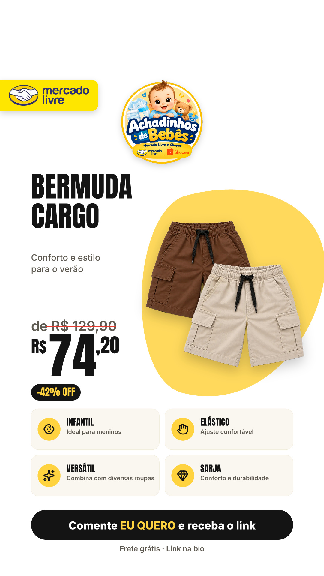 Bermuda Cargo Infantil Sarja Verão Menino Elastico Estilo Marrom/bege 10