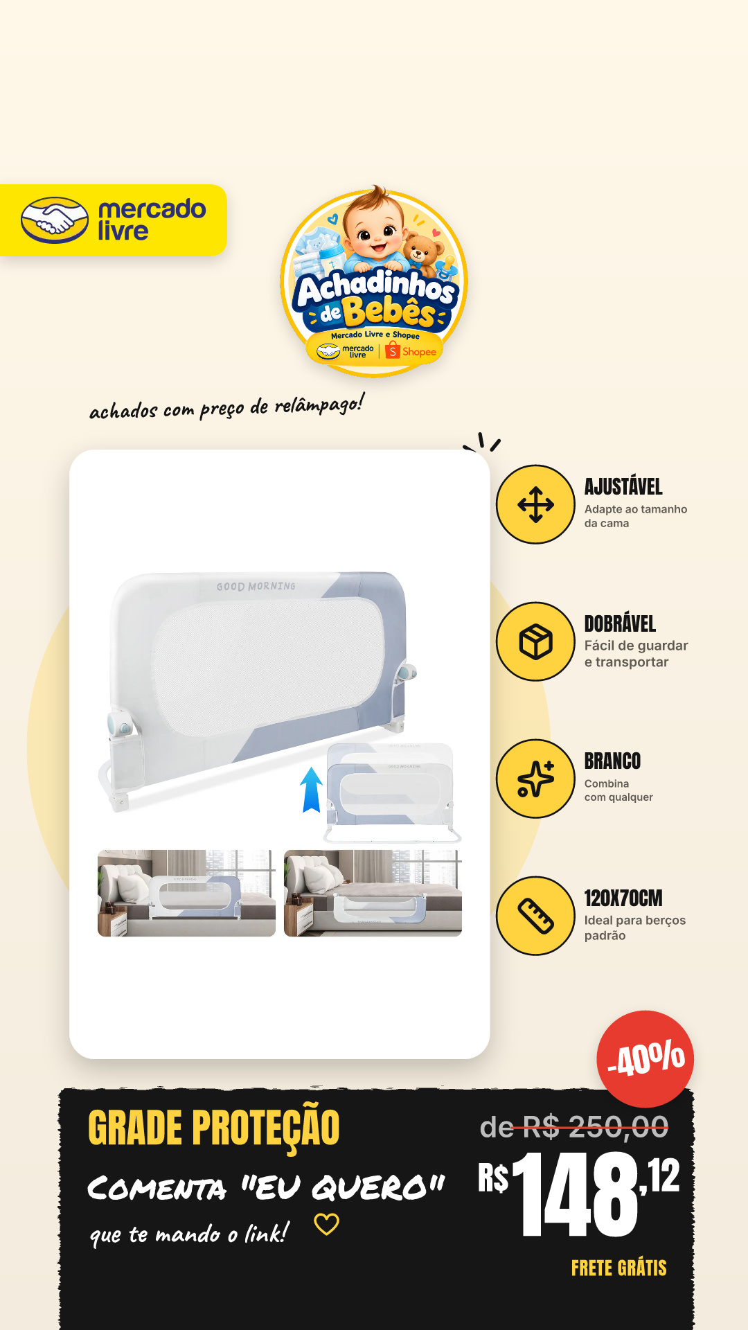 Grade Proteção Dobrável Ajustável De Cama Bebê 120x70cm Branco