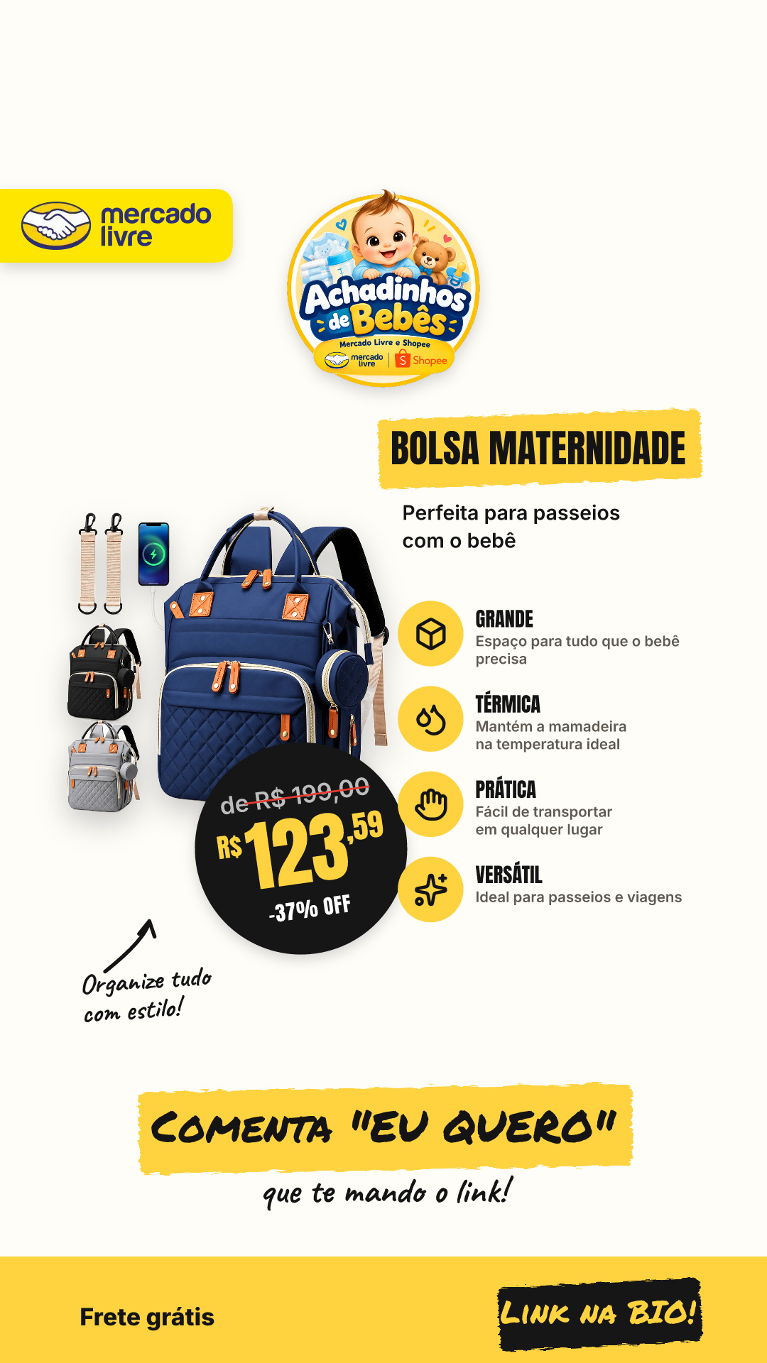 Bag Mochila Bebê Grande Bolsa Maternidade Mamadeira Térmica