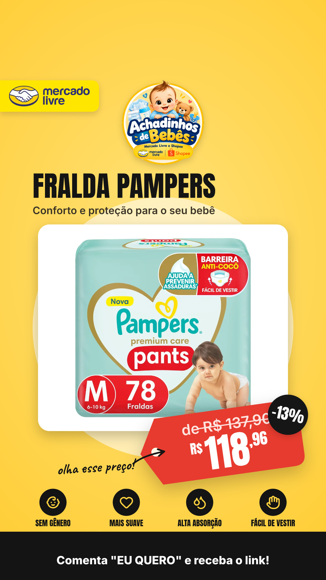 Fralda Pampers Premium Care Pants Tamanho M 78 Unidades Sem Gênero