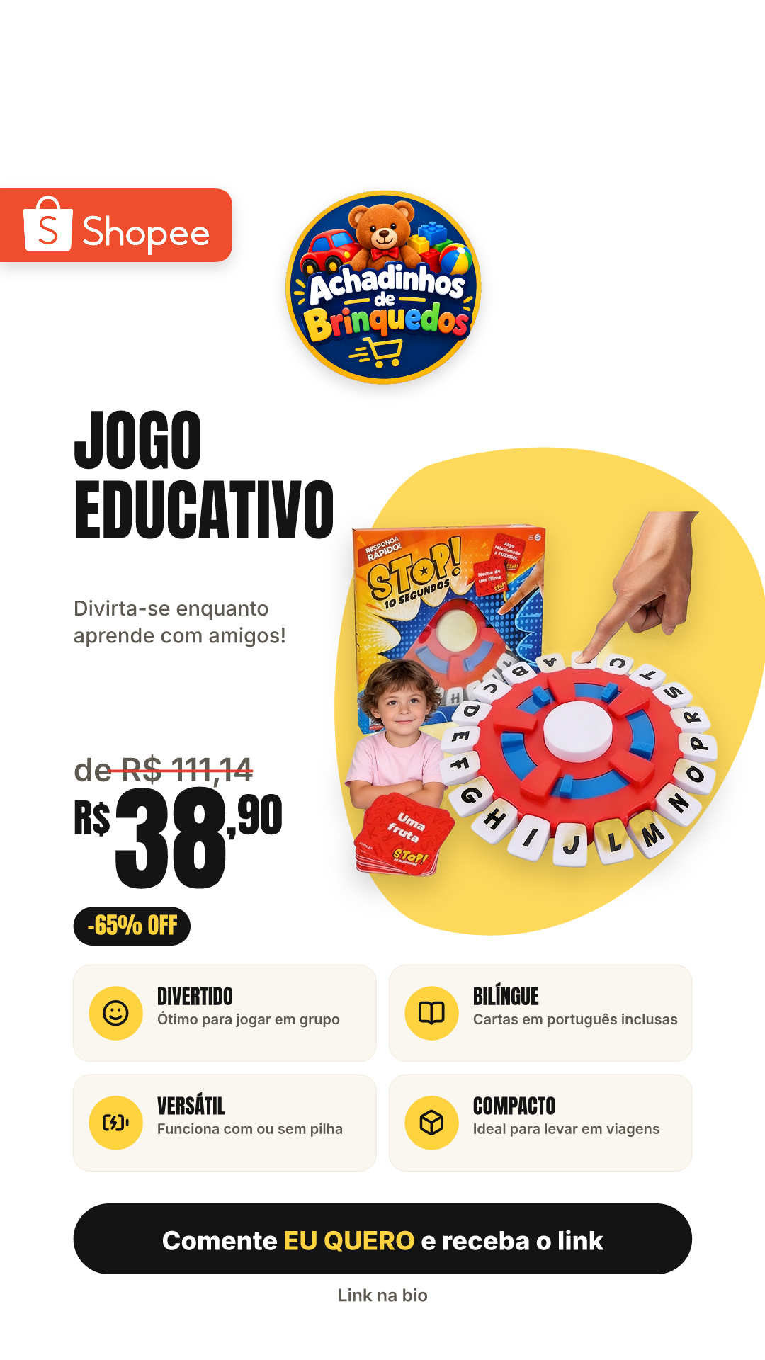 Jogo Educativo de Tabuleiro Pense Rápido 24cm, Cartas em Português, Funciona com e Sem Pilha