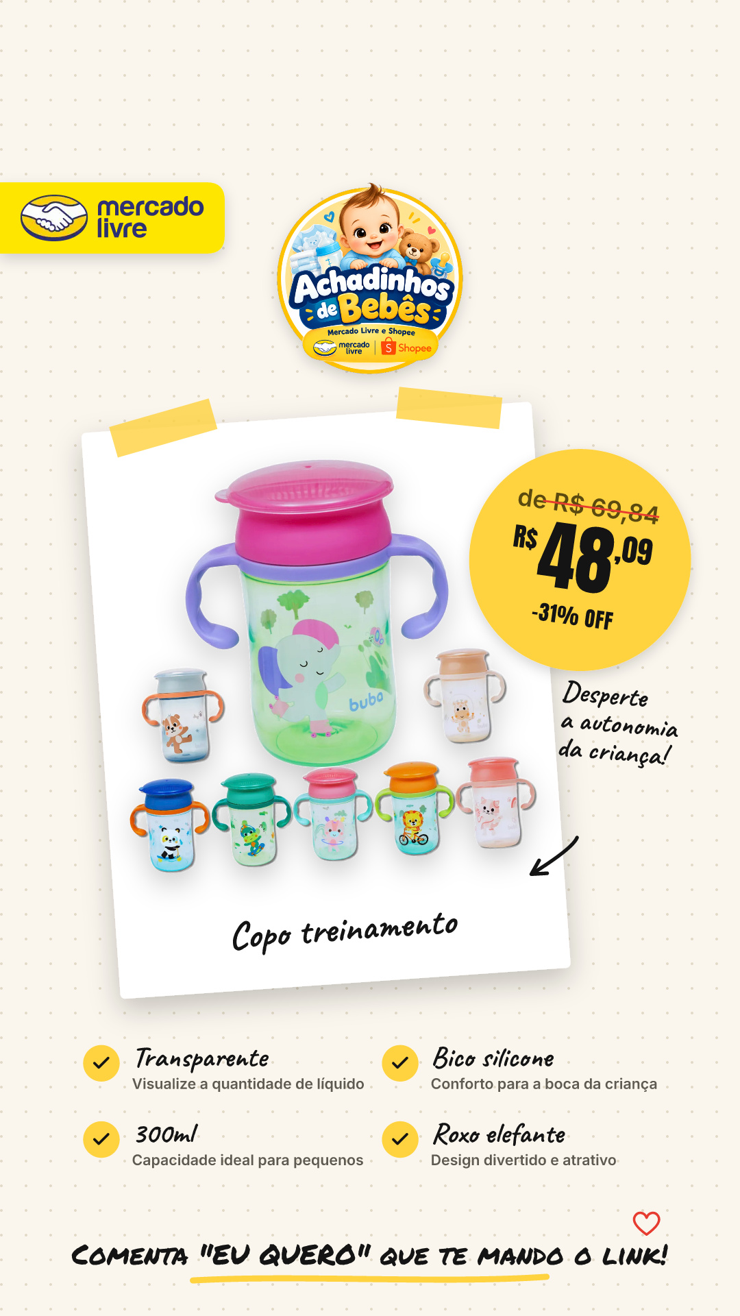 Copo Treinamento Transição Infantil Bico Silicone 300ml Buba Roxo Elefante