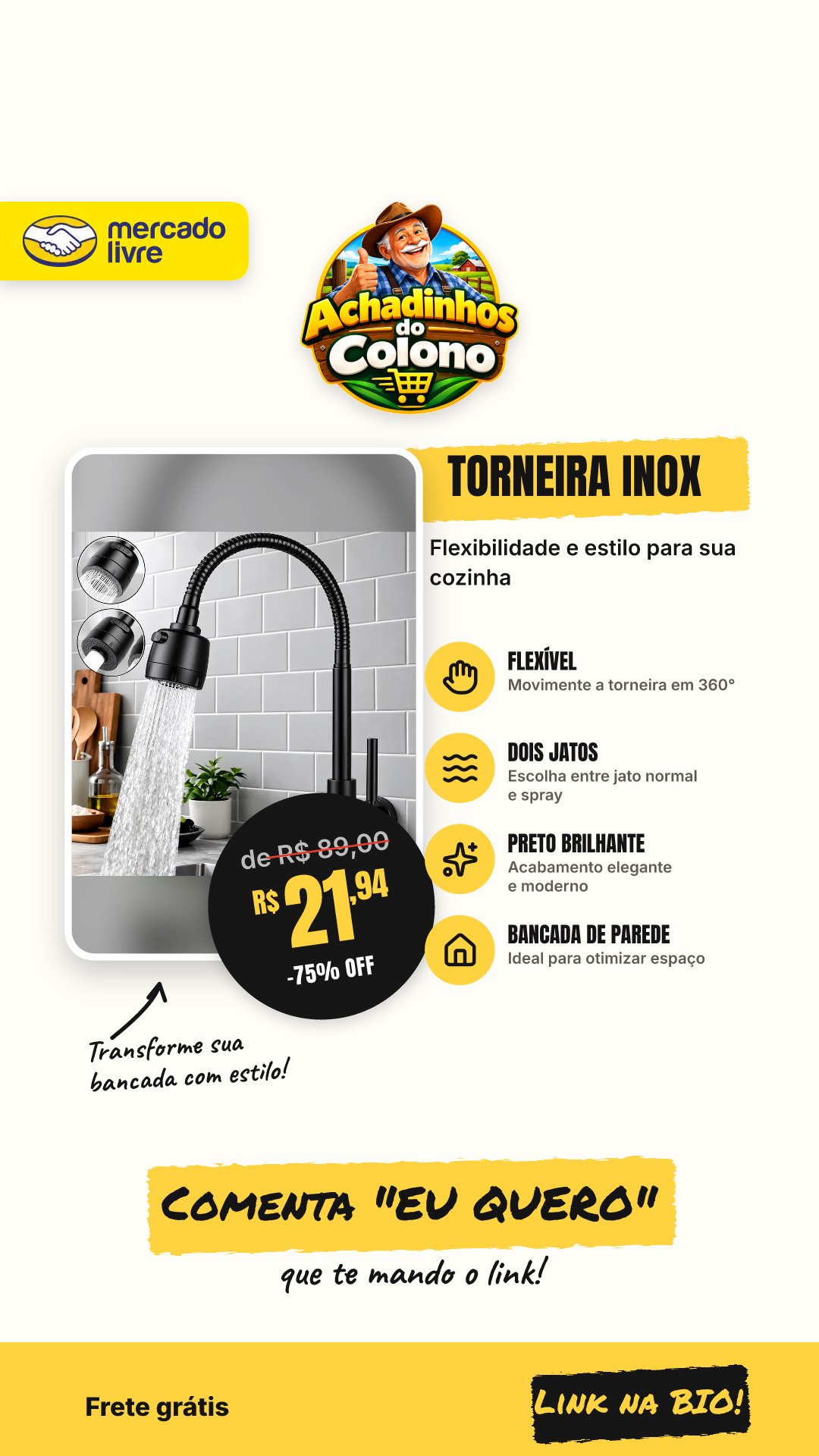 Torneira Cozinha Inox 360° Flexível 2 Jato Bancada De Parede Preto Brilhante