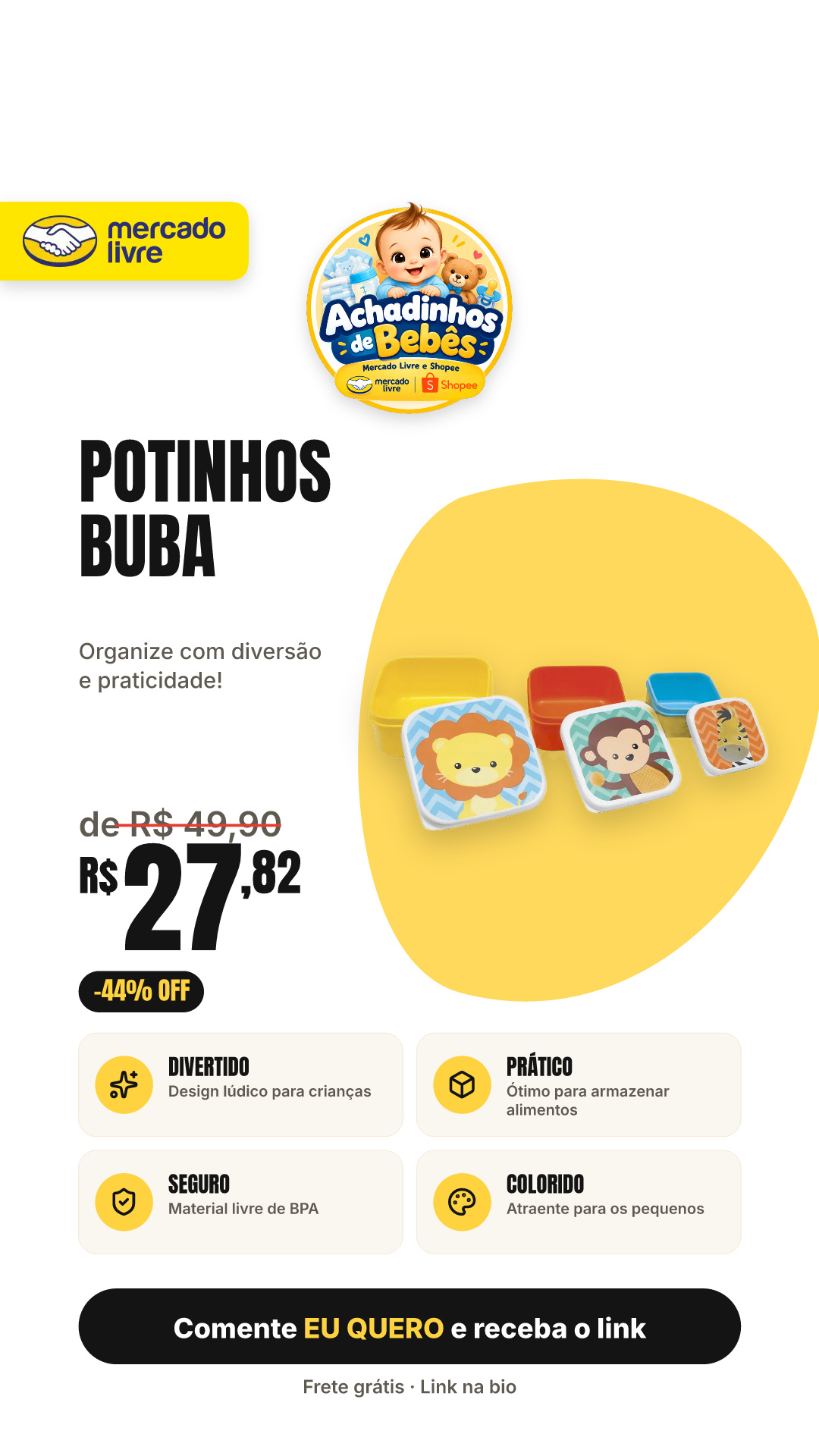 Kit 3 Potinhos Buba Animal Fun