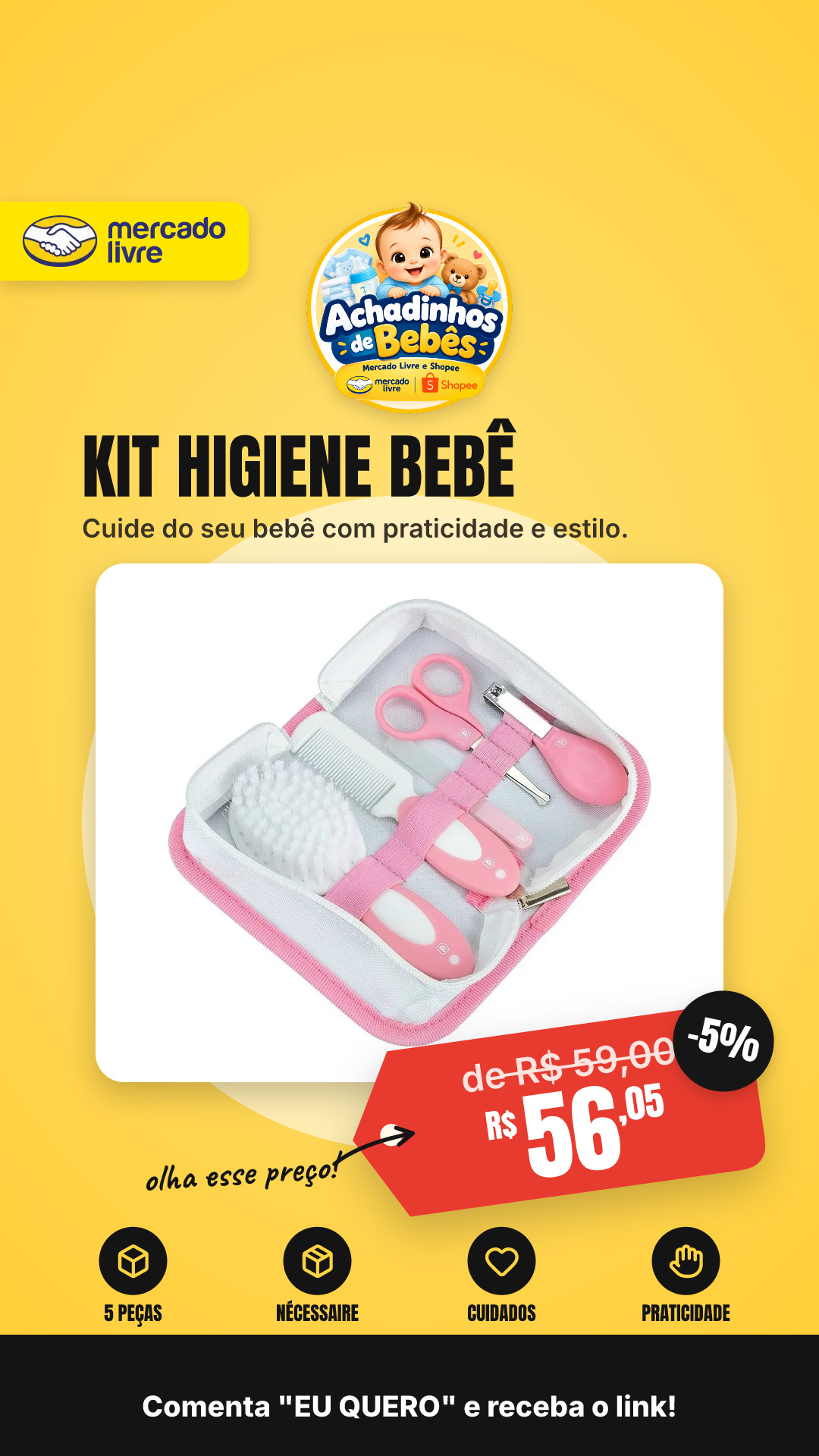 Kit Higiene Cuidados Para O Bebê Com 5 Peças + Nécessaire
