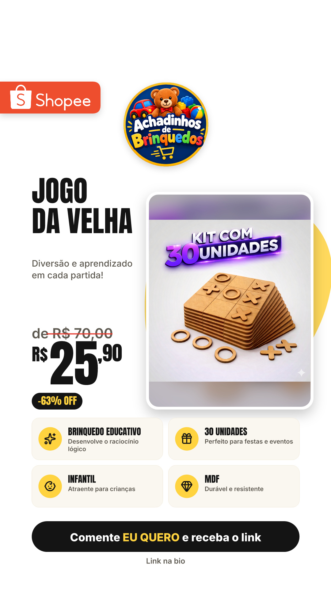 30 Unidades Jogo da Velha MDF Brinquedo Educativo Infantil Lembrança Festa Aniversário Presente