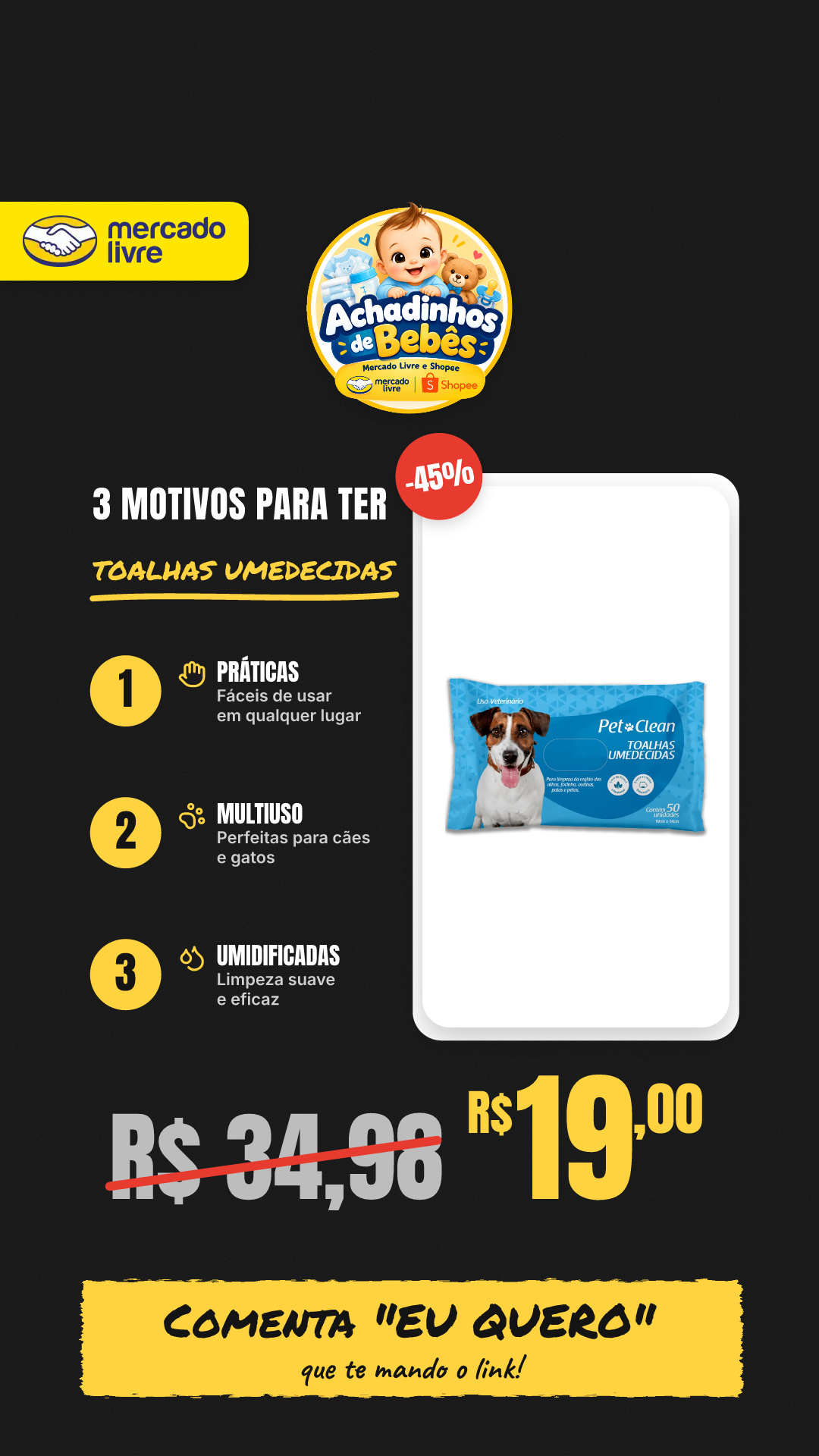 Toalhas Umedecidas Pet Clean Para Cachorros E Gatos 50 Unid