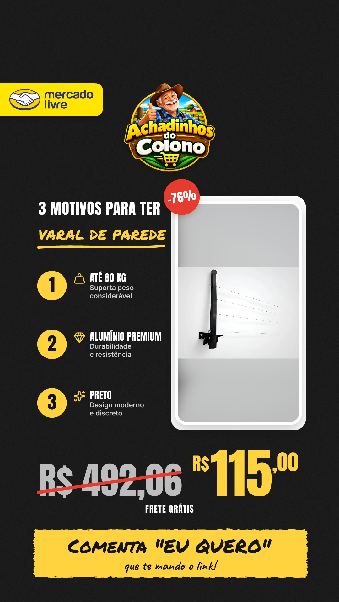 Kit Com 2 Pares De Varal De Parede Até80kg Aluminio Premium Preto