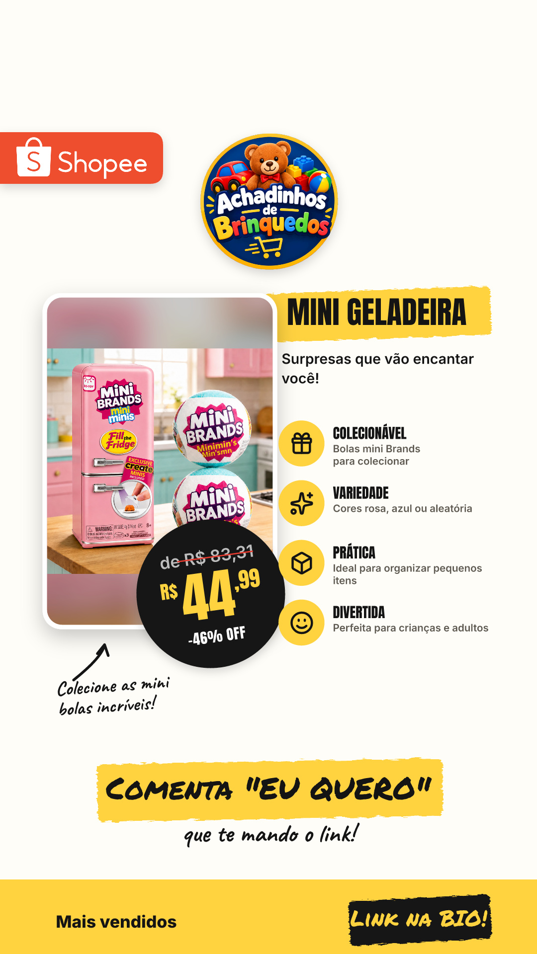 Mini Geladeira Fill The Fridge com 2 Bolas Mini Brands Surpresa Colecionável Rosa Azul ou Aleatória