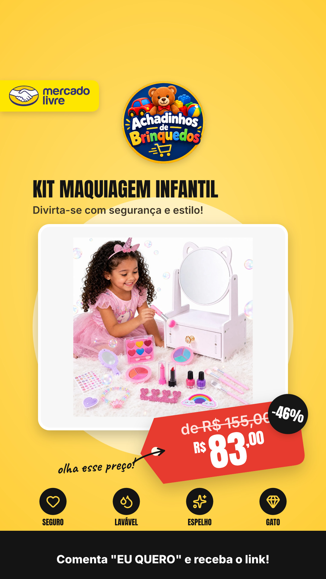Kit Maquiagem Infantil Espelho Gato Seguro Lavável