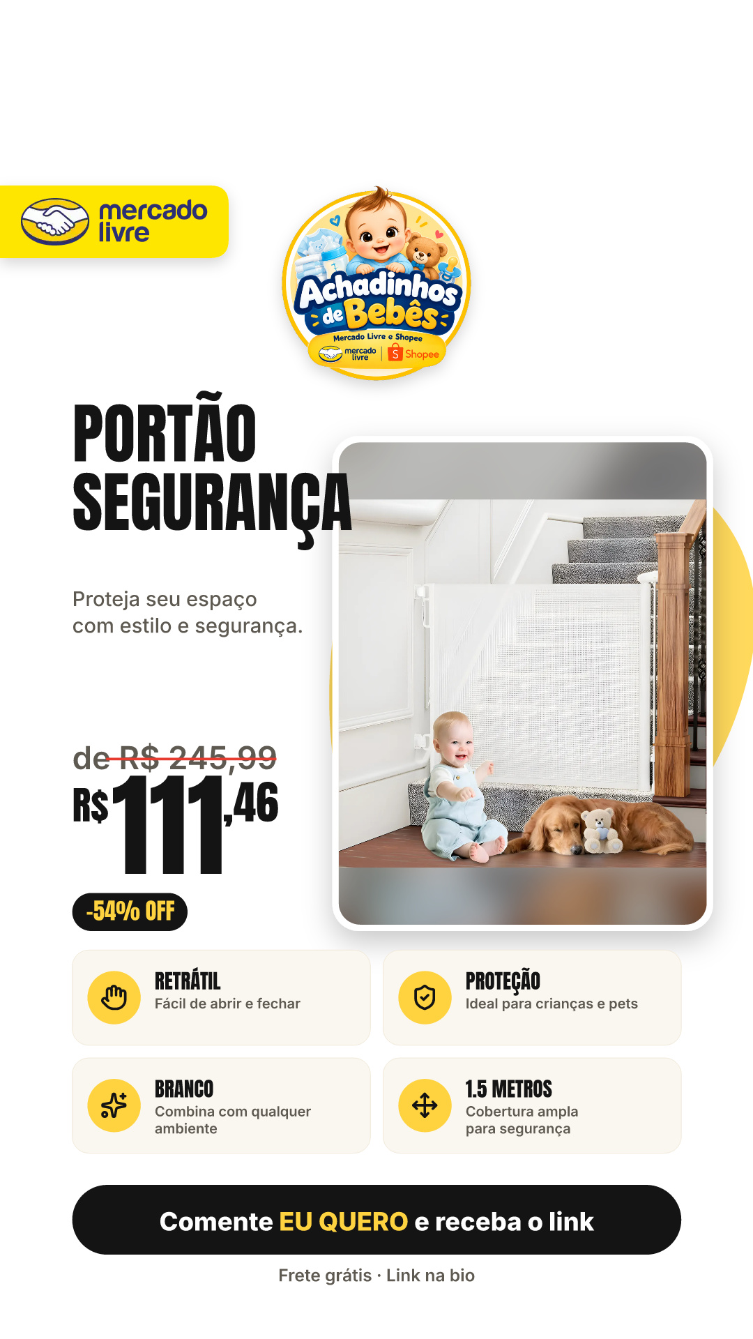 Portão Segurança Retrátil 1.5 Metros Proteção Criança E Pet Branco