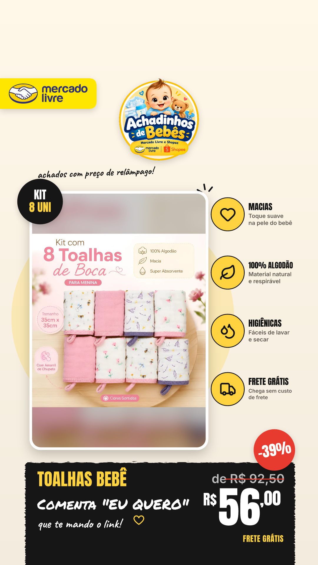 Toalhas Paninho De Boca Bebe Soft 100% Algodão Kit 8 Uni