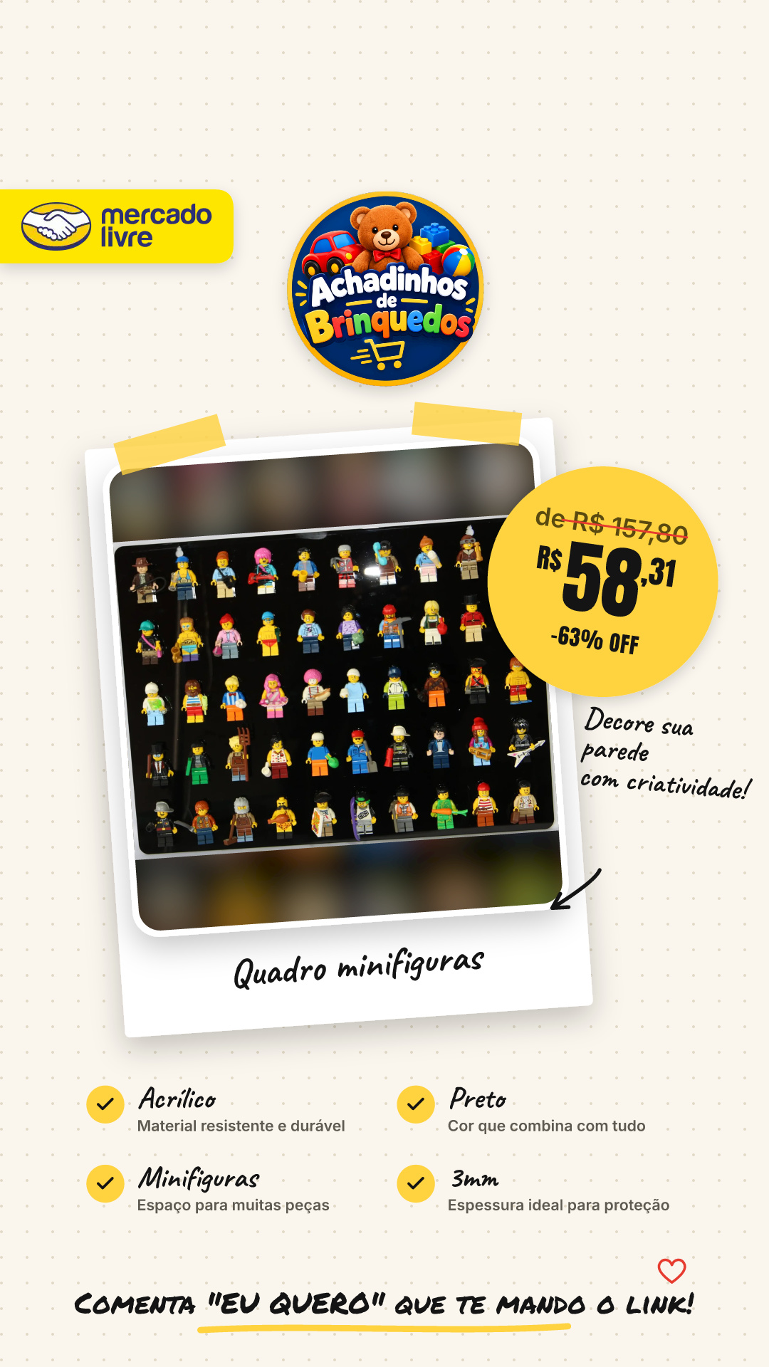 Quadro 50x Minifiguras Para Lego Acrilico Preto 3mm Preto