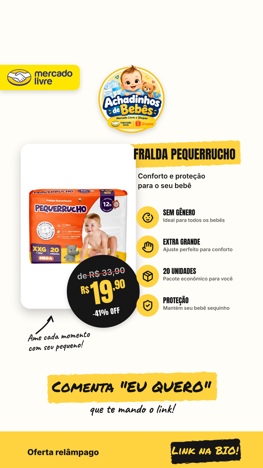 Fralda Pequerrucho Baby Mega Xxg - 20un Extra Extra Grande (xxg) Sem Gênero