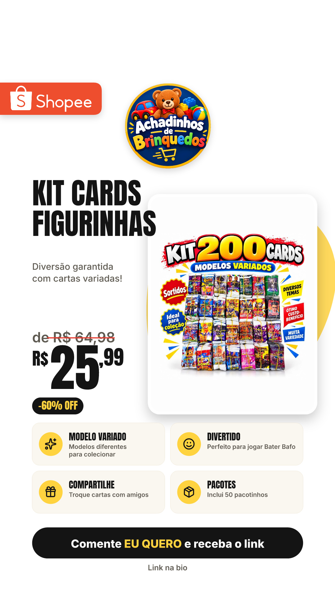Kit 200 Cards Figurinhas Com 50 Pacotinhos Modelo Variado Para Bater Bafo Trocar Cartas