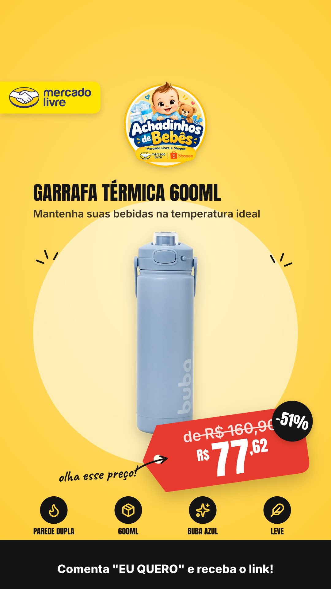 Garrafa Térmica Parede Dupla 600ml, Buba Azul N/a