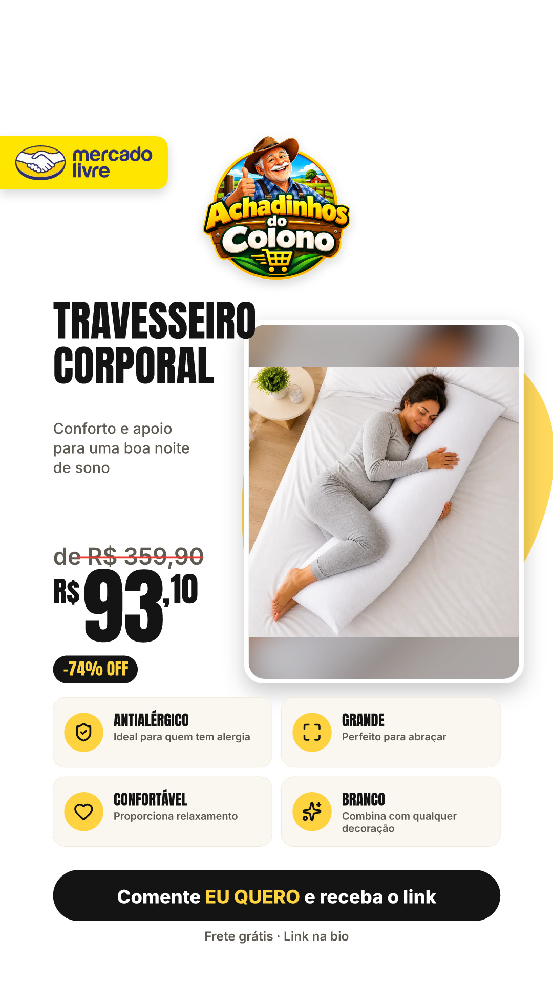 Travesseiro Corporal King 190x40 Brambila Antialérgico Branco