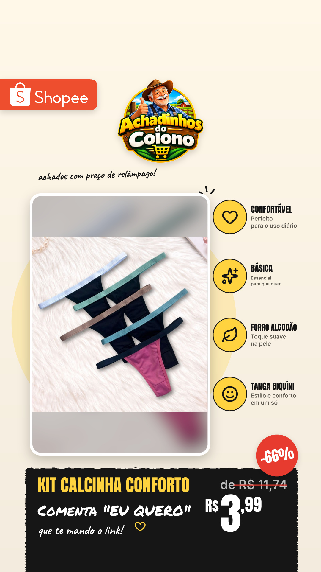 Kit Calcinha Feminina Conforto Tanga Biquíni Confortável Com Forro Algodão Básica Dia a Dia