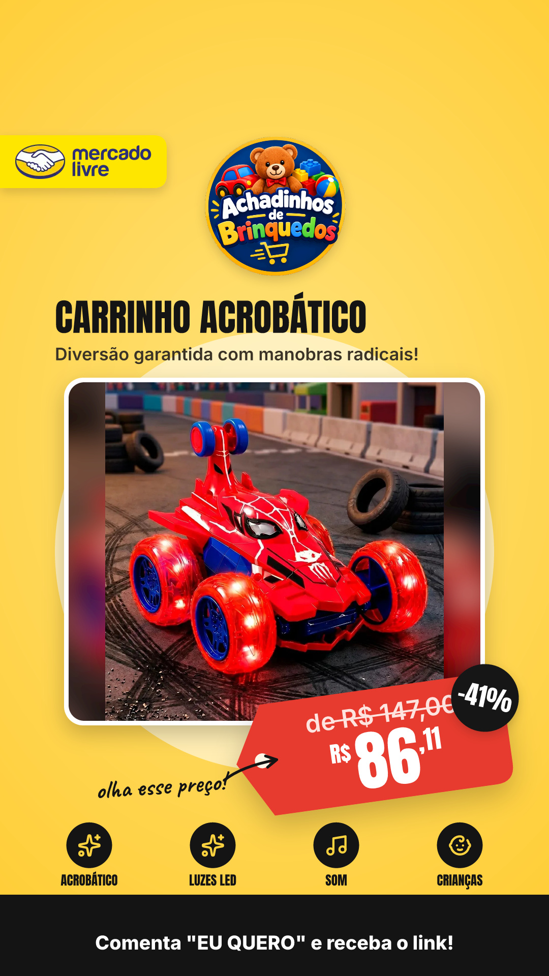 Carrinho De Controle Remoto Acrobático 360° Para Crianças, Com Luzes Led E Som Vermelho
