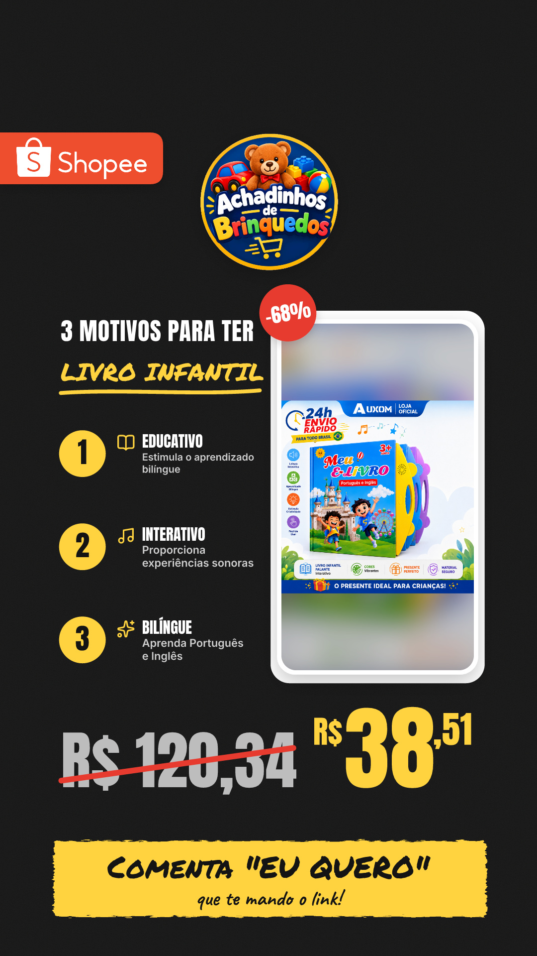 Livro Infantil Falante Bilíngue Português/Inglês Educativo Interativo com Som