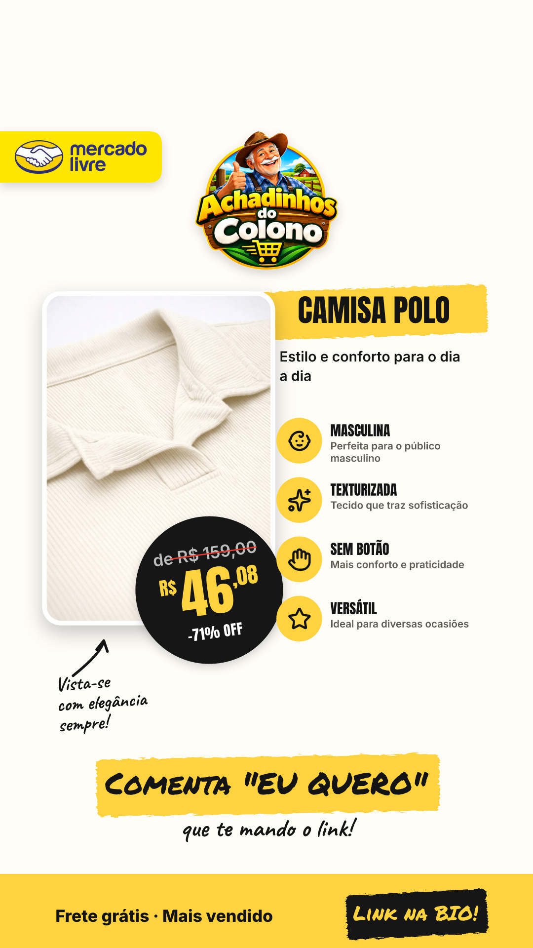 Camisa Camiseta Polo Masculina Texturizada Sem Botão