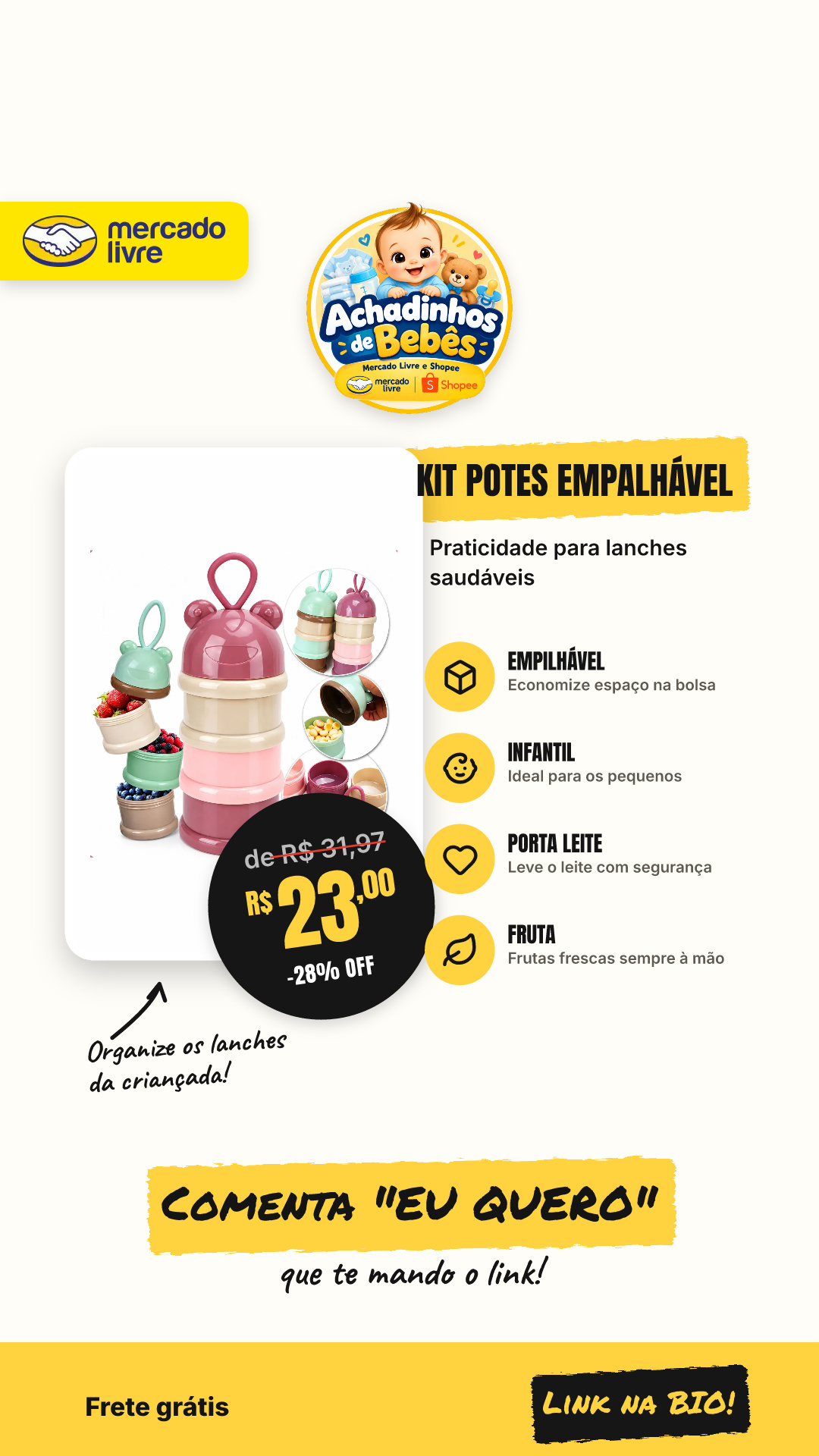 Kit Potes Empalhável Lancheira Infantil Porta Leite Pó…