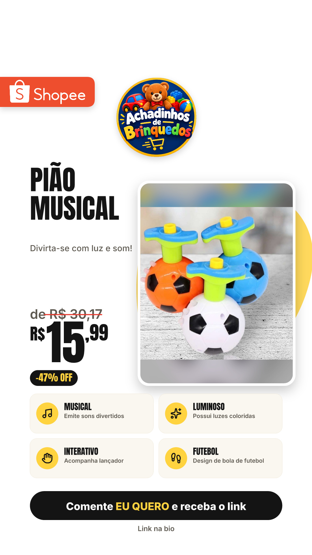 Brinquedo pião musical bola de futebol c/ lançador c/luz KL100750