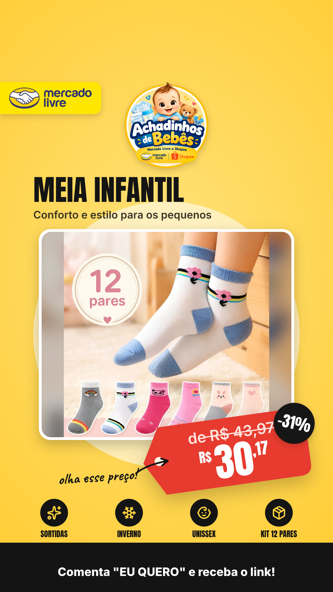 Kit 12 Pares Meia Infantil Menina Menino Sortidas Inverno Meninas 6 A 8 Anos