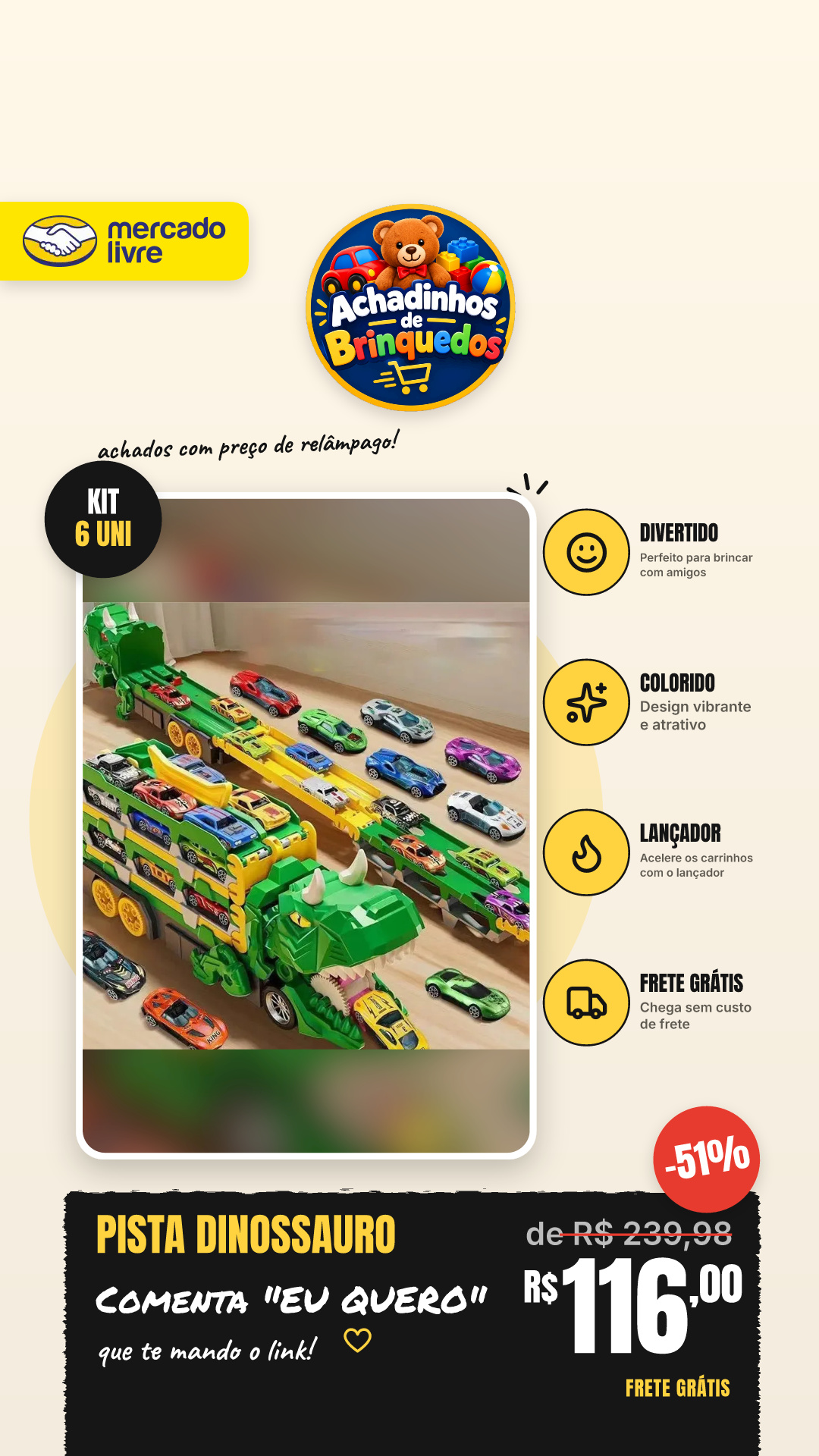 Pista Carrinho Dinossauro Caminhão Lançador 6 Carrinhos Cor Verde