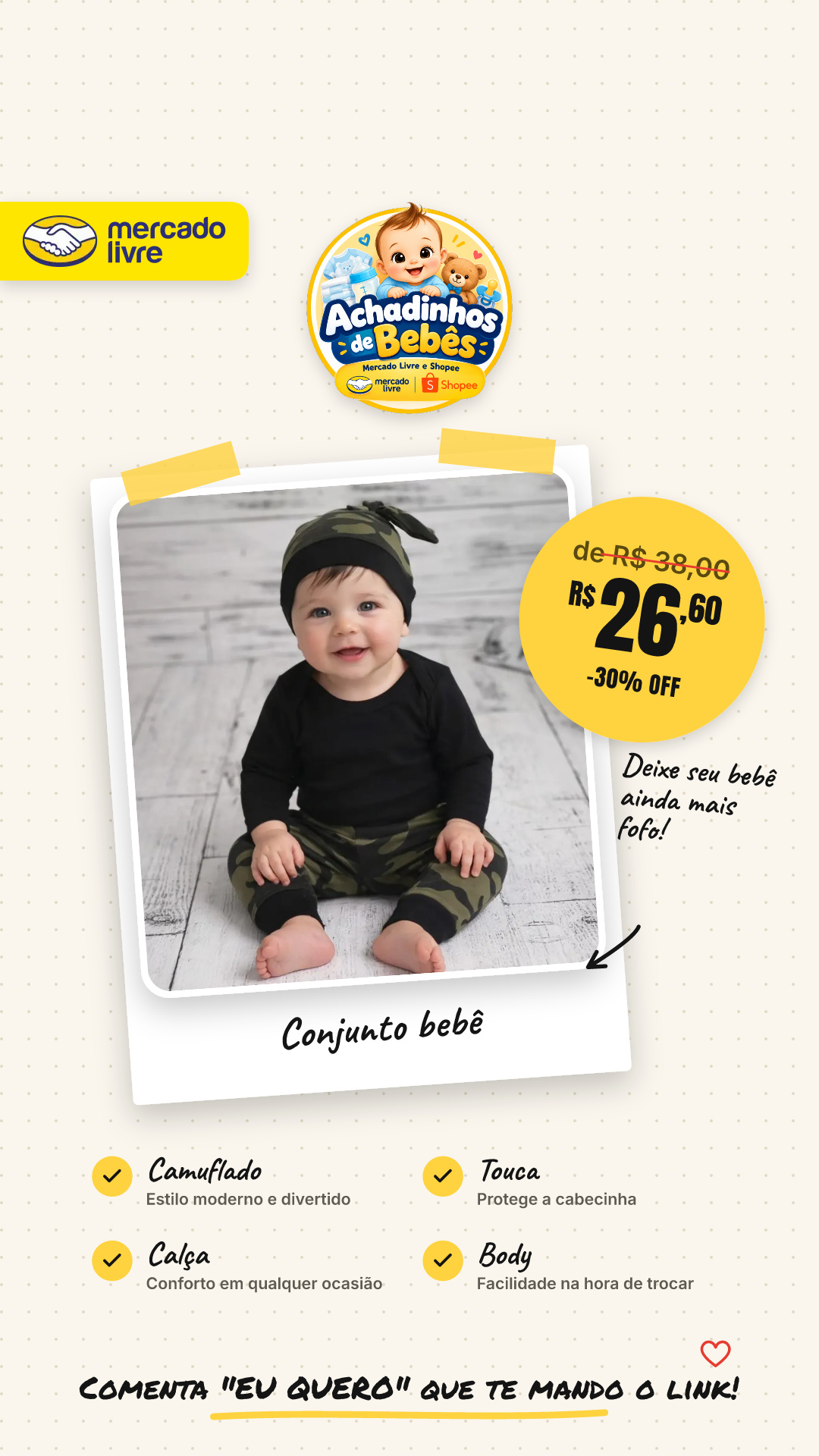 Conjunto Bebe Camuflado Bodye Touca Calça