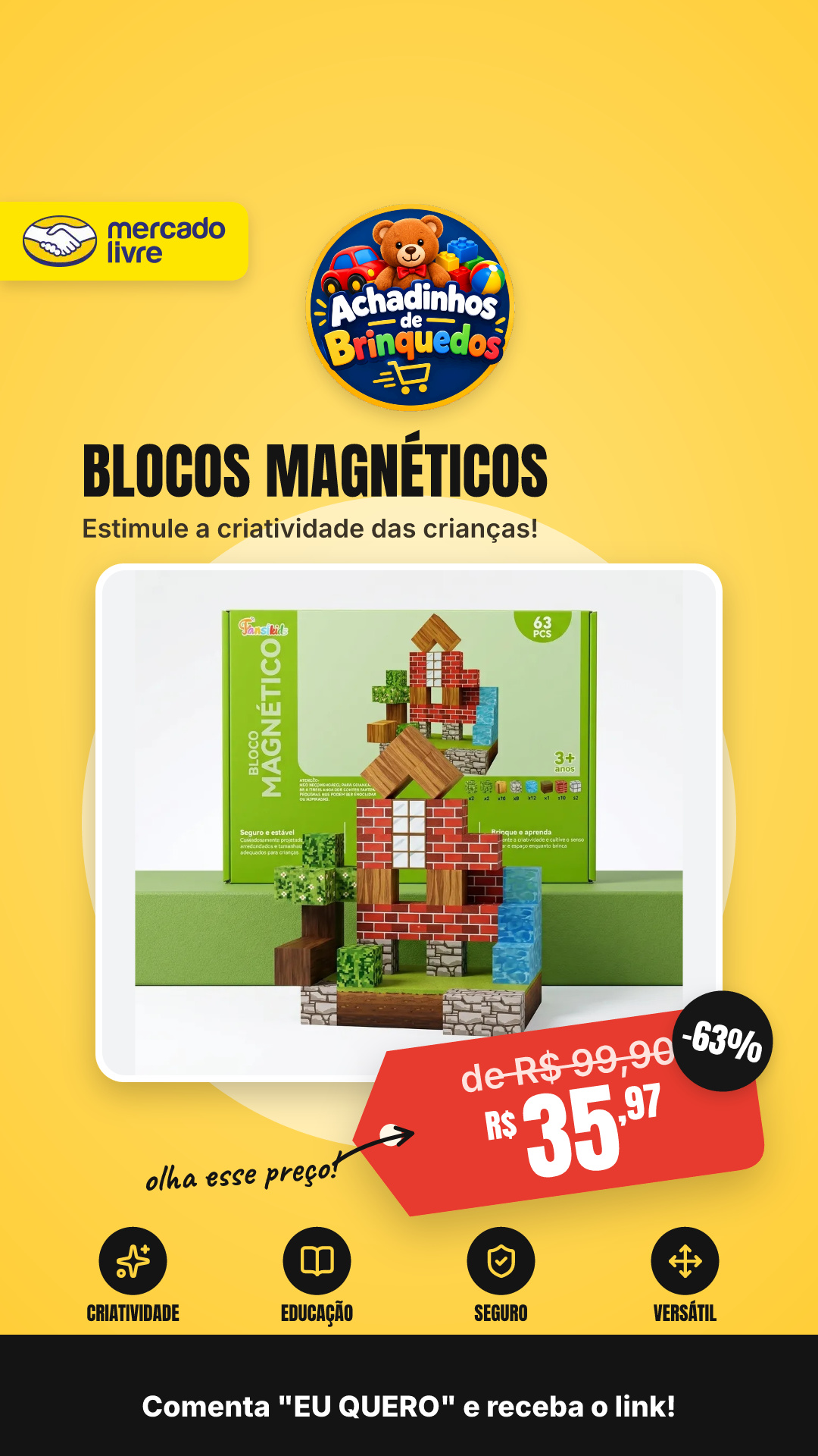 Kit Blocos Magnéticos De Montar 63 Peças Construção Infantil 63