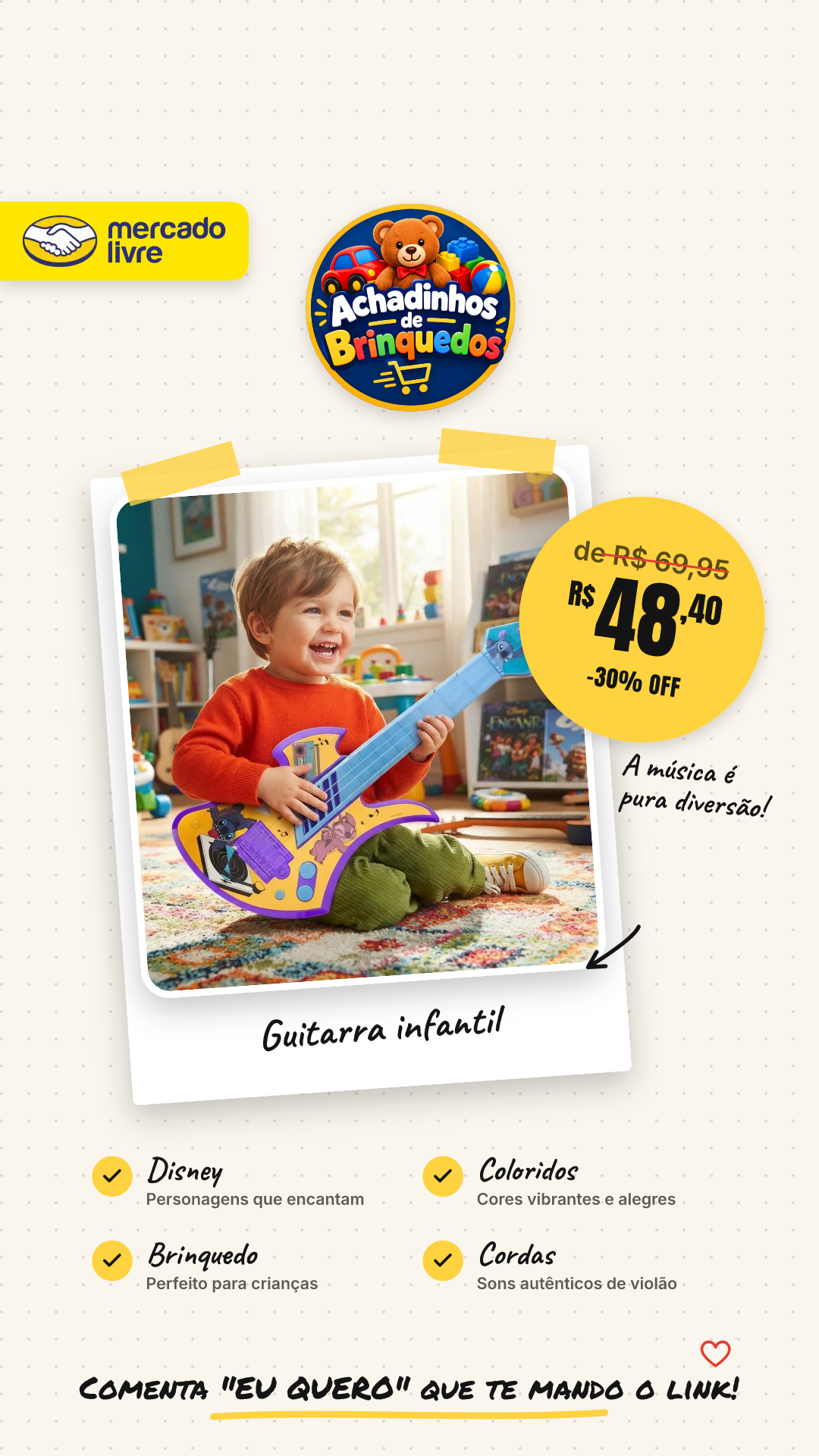Guitarra Infantil Com Cordas Violao Stitch Brinquedo Disney Coloridos