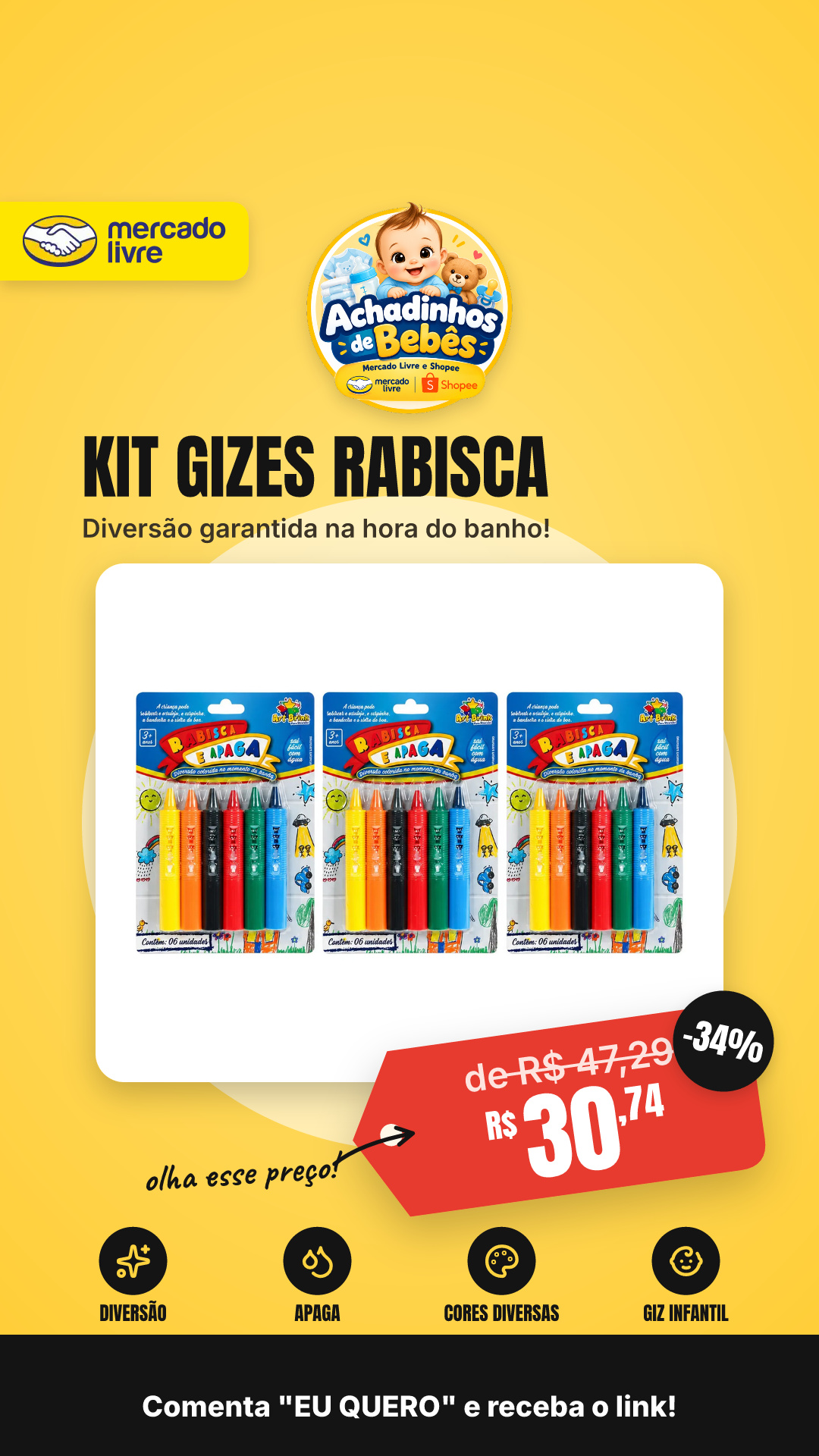 Kit 3 Gizes Rabisca Apaga Brinquedo Banho Giz Infantil Cores Diversas