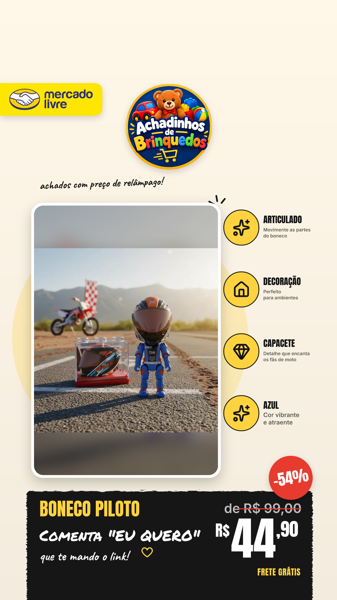 Miniatura Boneco Piloto Articulado Capacete Moto Decoração Azul