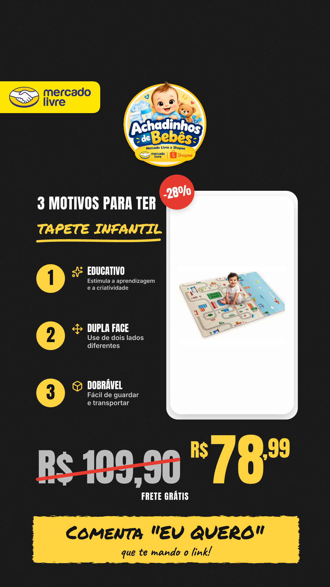 Tapete Infantil Emborrachado Sensorial Dobrável Dupla Face Educativo Cidade I Love Baby Azul