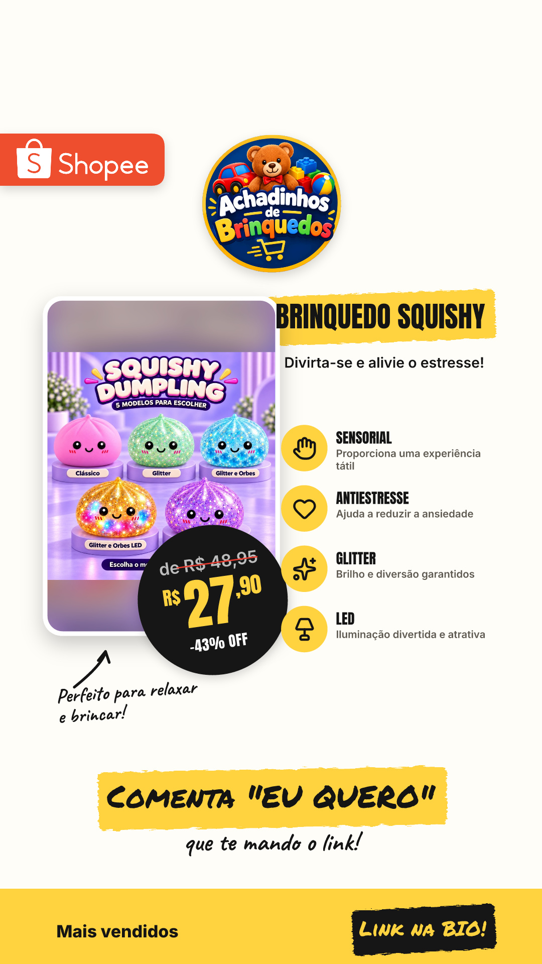 Brinquedo Squishy Dumpling Bolinho Fidget Sensorial Antiestresse - Modelos Clássico, Glitter, Bolinhas e Led, de Gel