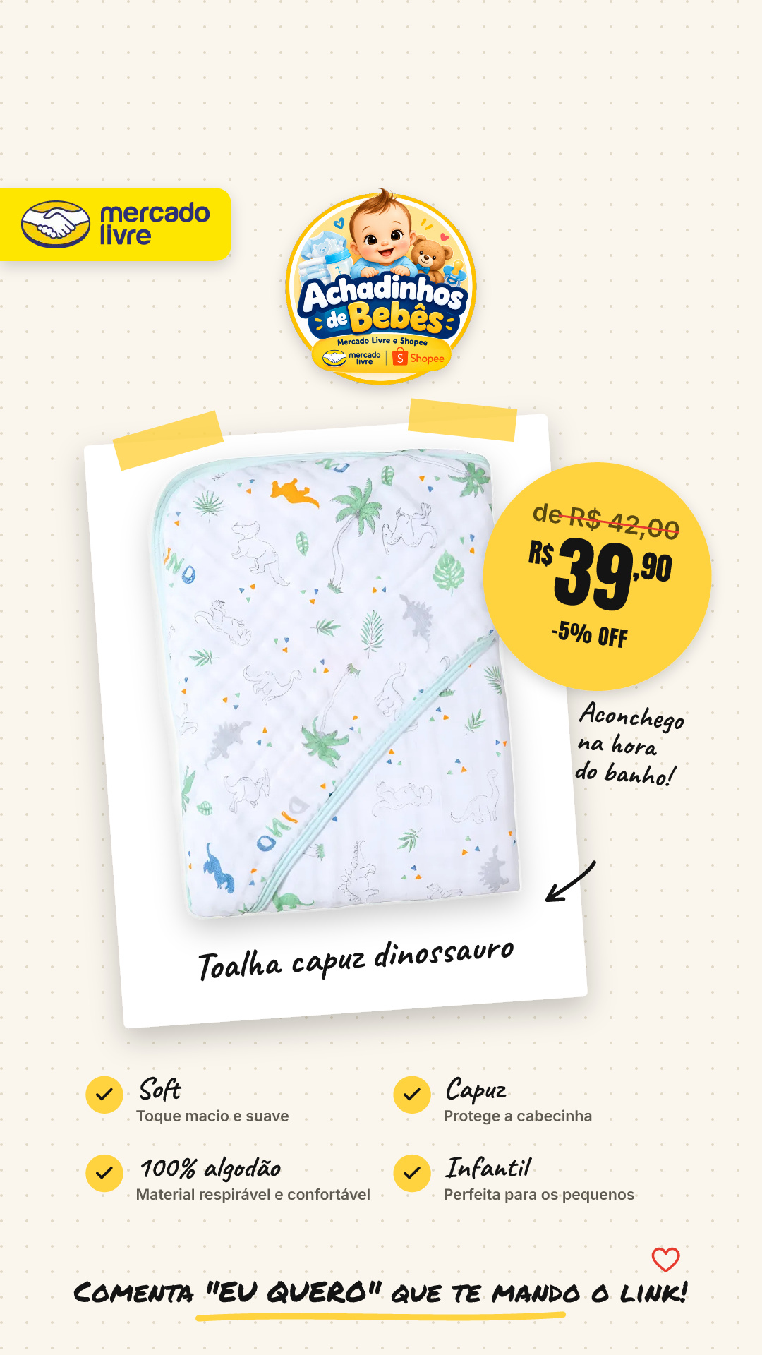 Toalha Banho Bebê Infantil Soft Capuz Fralda 100% Algodão Dinossauro