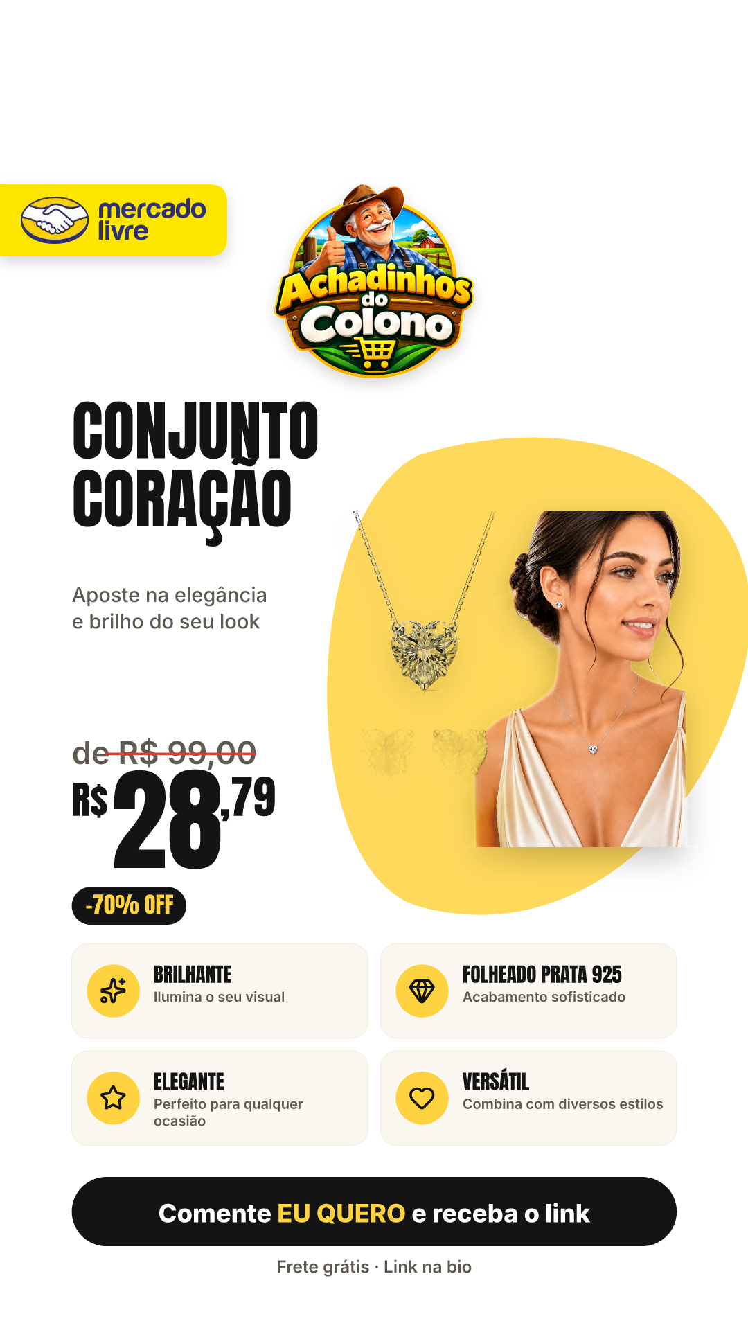 Conjunto Colar Brinco Coração Ponto Luz Folheado Prata 925 Prateado