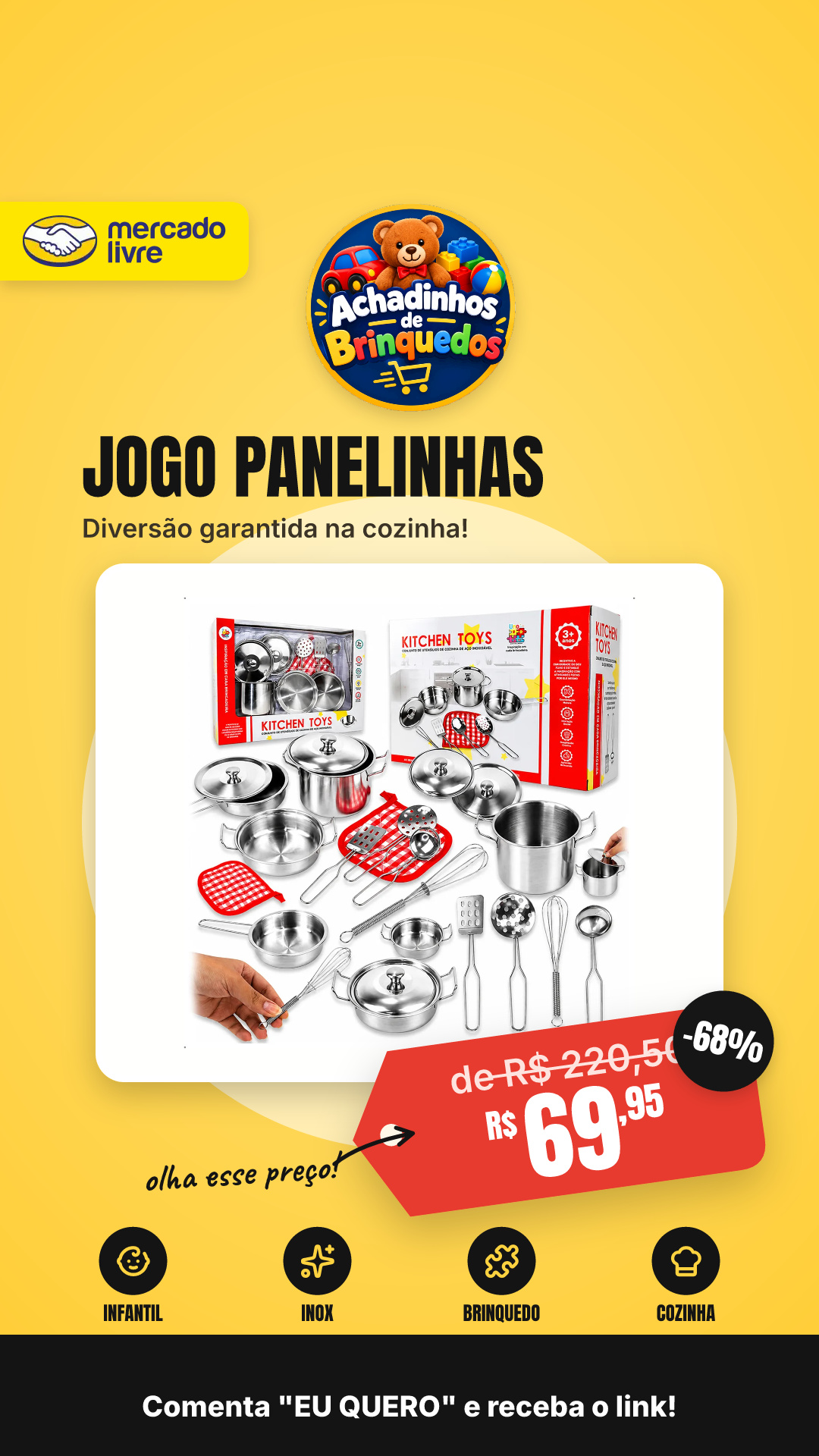 Jogo Panelinhas Infantil Inox Cozinha Brinquedo Inox