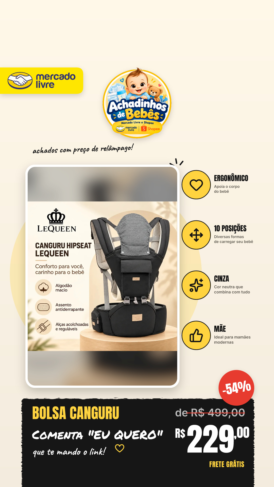 Bolsa Canguru Ergonômico Lequeen Bebê Mãe 10 Posições Cinza