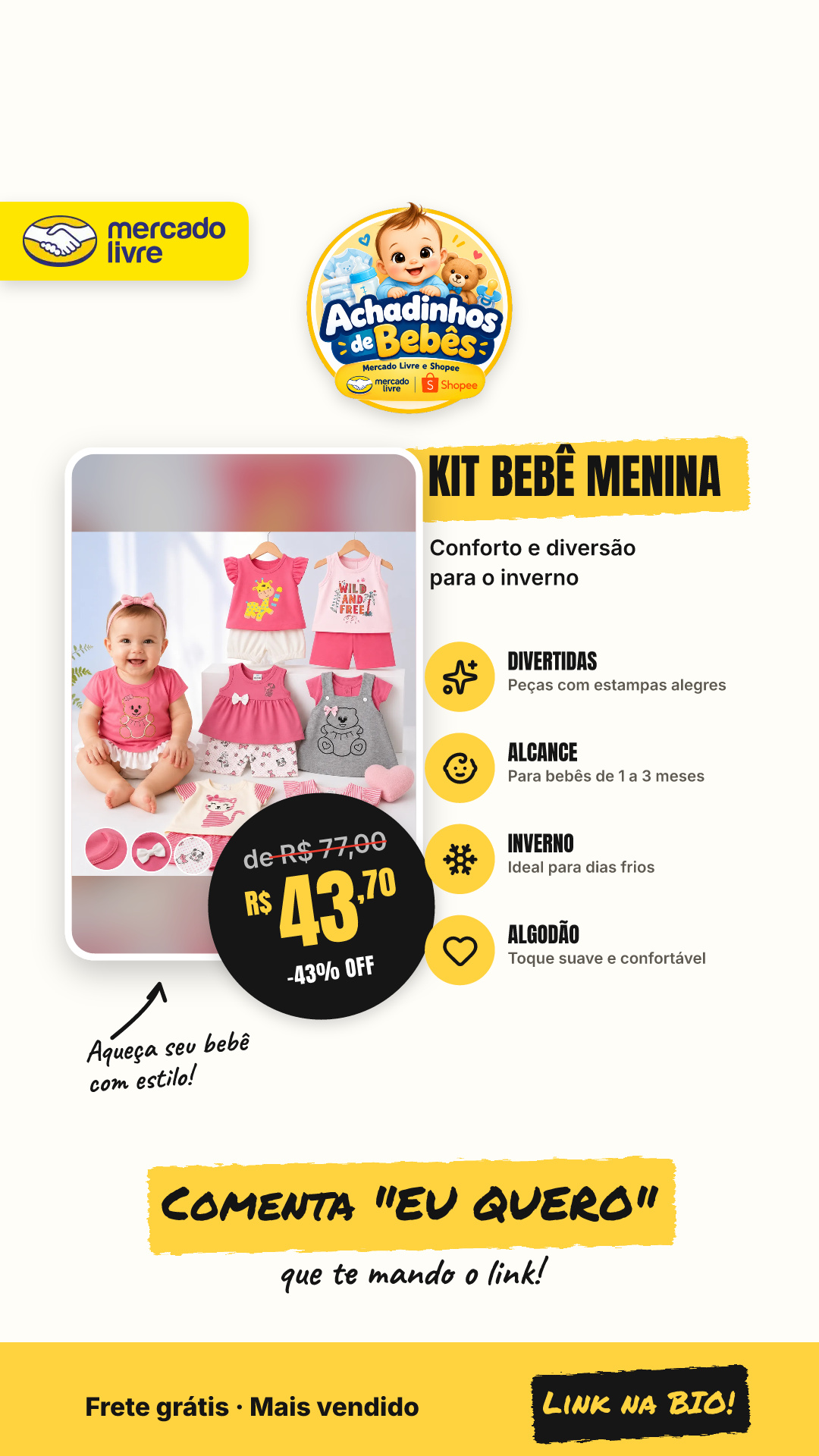 Kit 6 Peças Conjunto Bebê Menina Divertidas Inverno Algodão Sortida P (1-3 Meses)