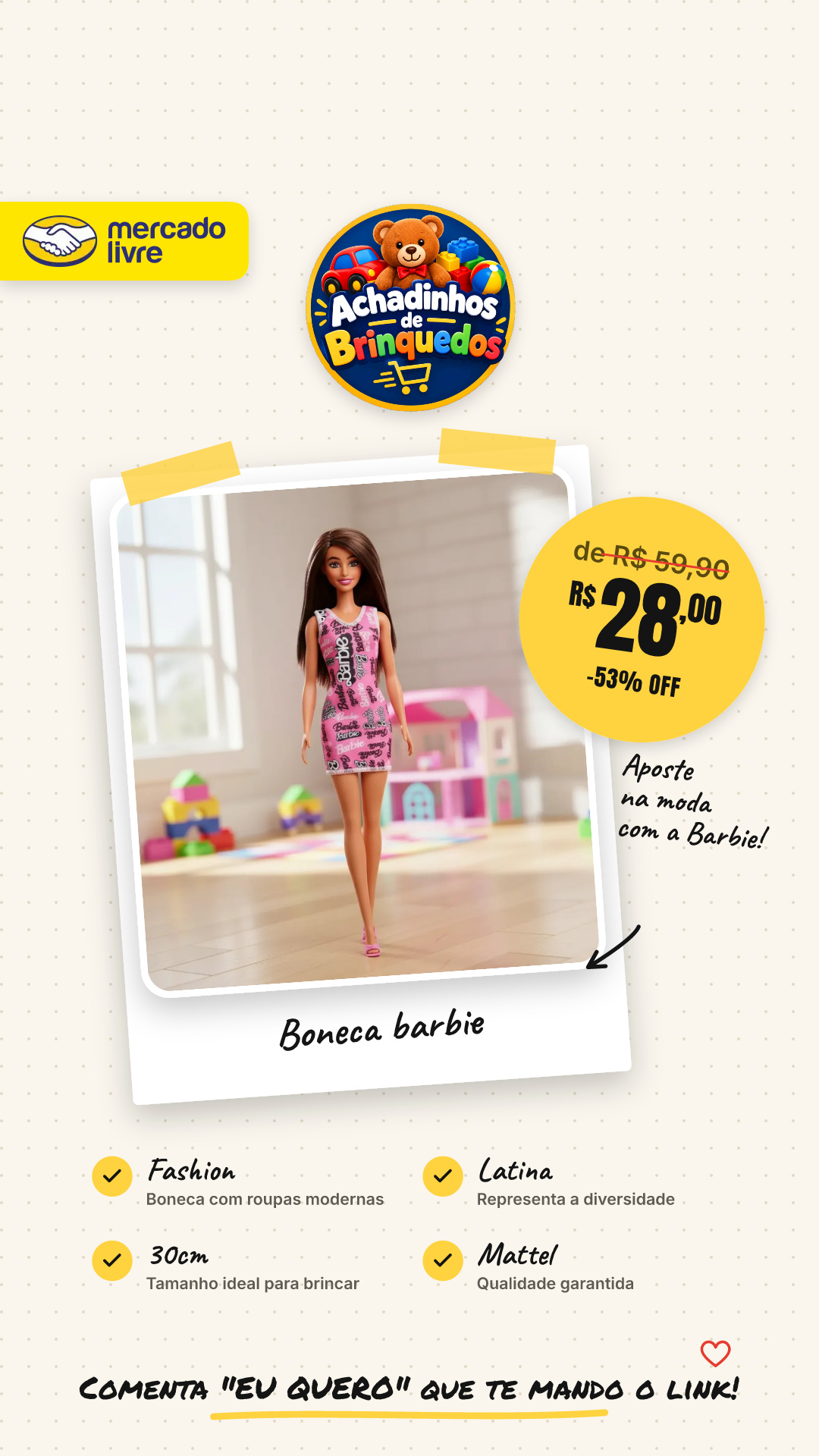 Boneca Barbie Morena Latina Fashion 2024 Mattel 30cm