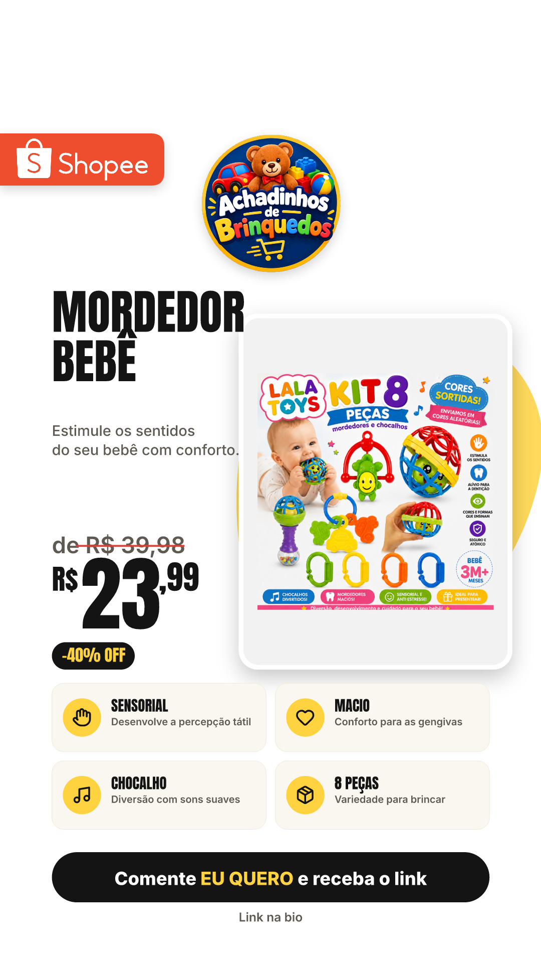 Kit 8 peças Mordedor para Bebe Sensorial Macio com Chocalho