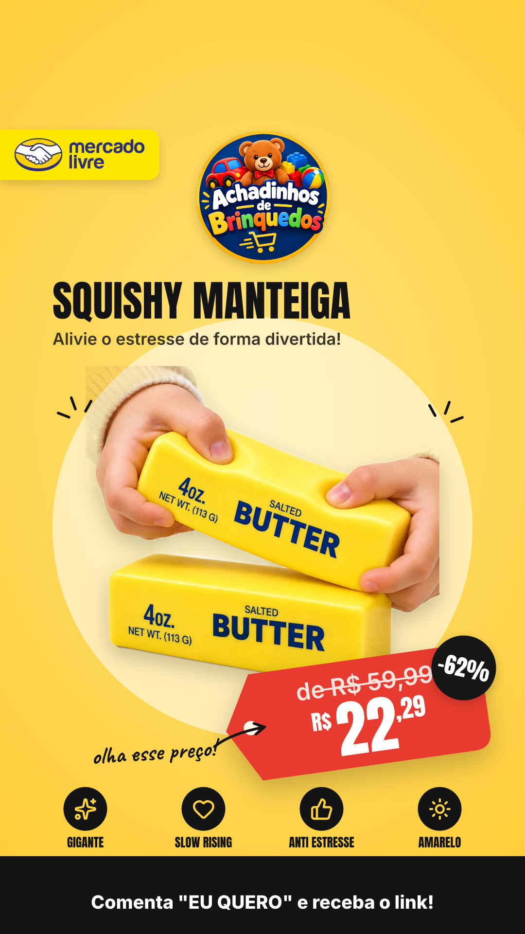 Squishy Manteiga 13cm Gigante Anti Estresse Slow Rising Butt Amarelo