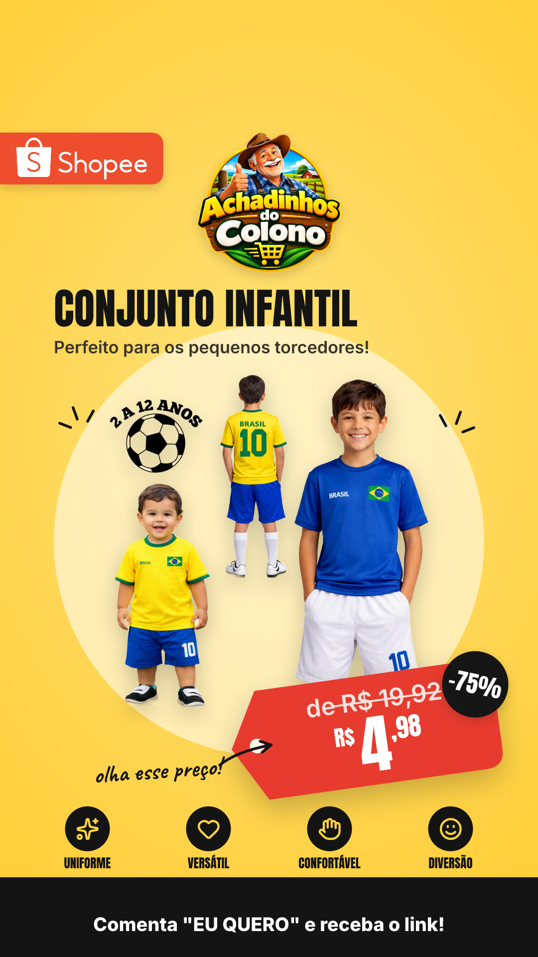 Conjunto Infantil do Brasil – Camiseta + Bermuda Uniforme 2 a 12 Anos