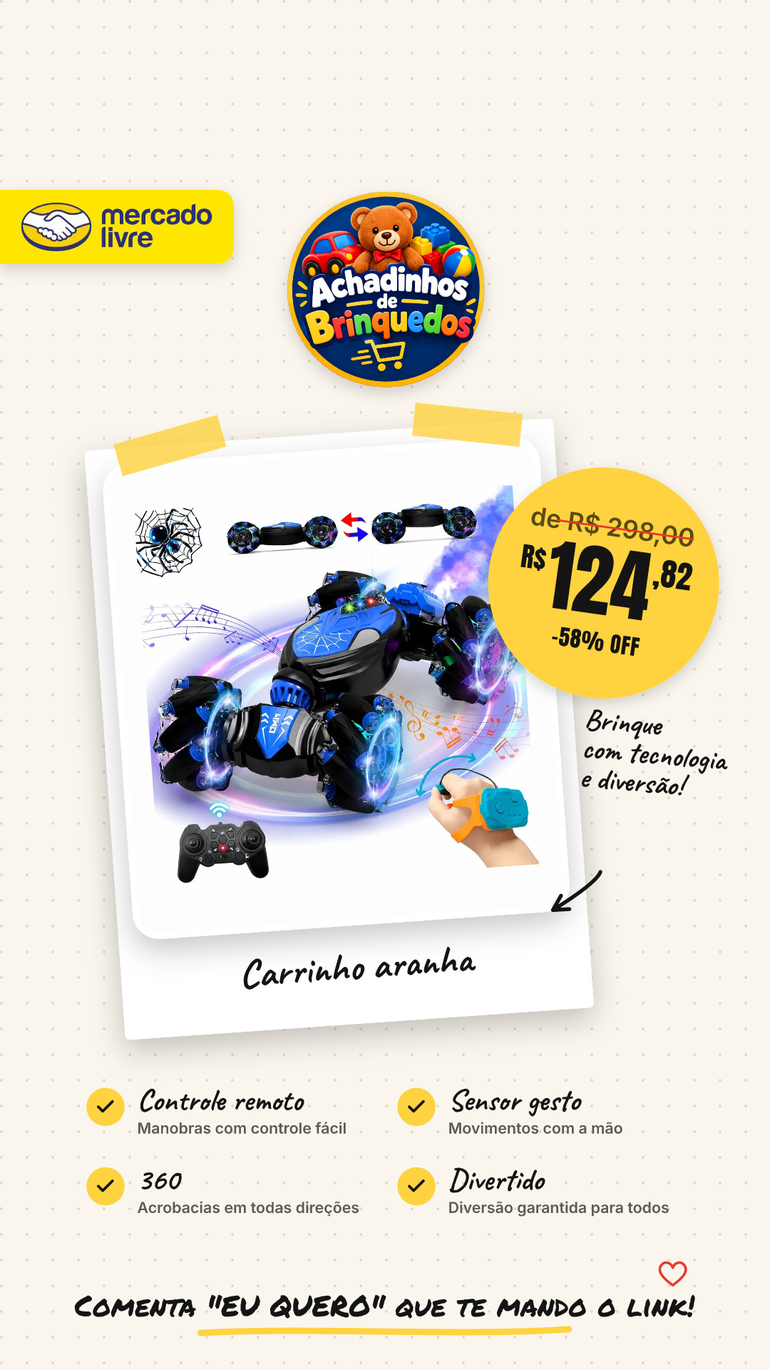 Carrinho Brinquedo Controle Remoto Sensor Gesto 360 Aranha Azul -