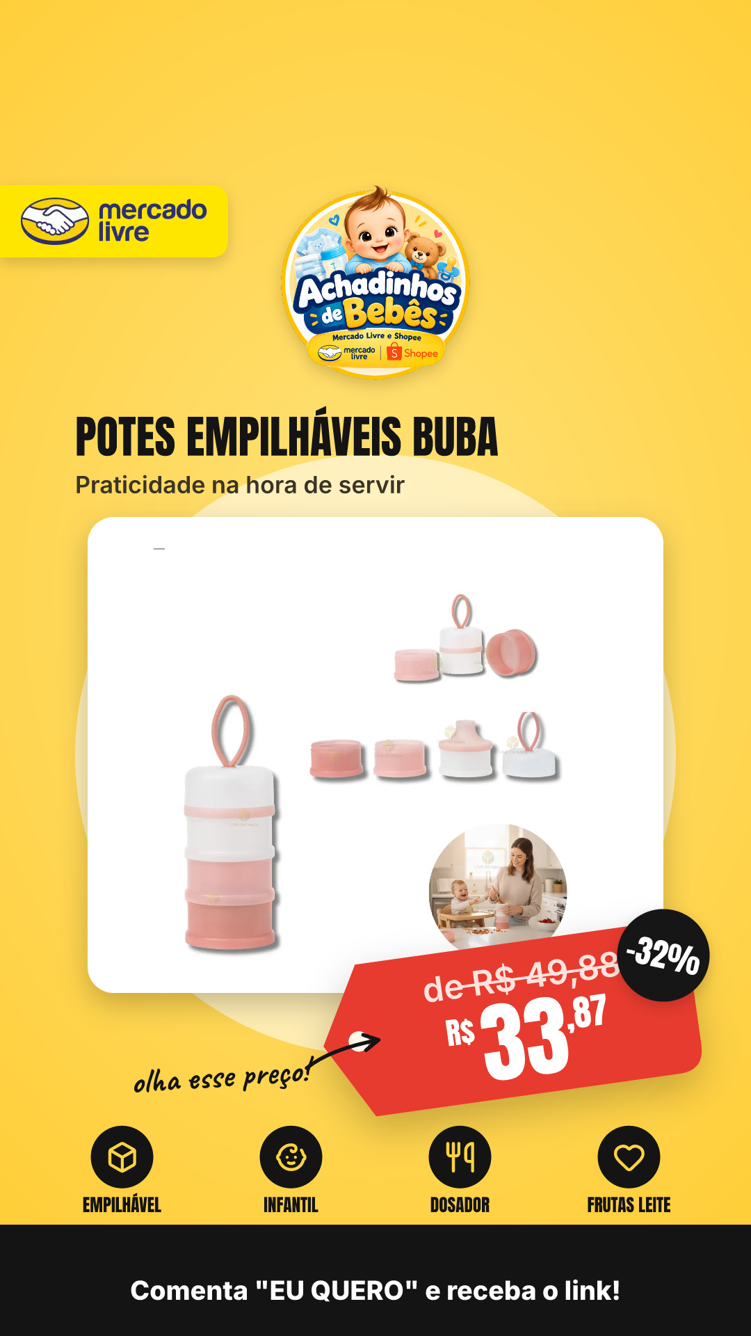 Potes Empilhável Rosa Buba Infantil Dosador Frutas Leite Rosa