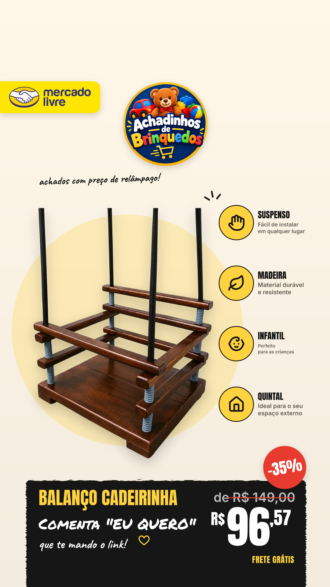 Balanço Cadeirinha Infantil Suspenso Madeira Quintal Jardim Marrom