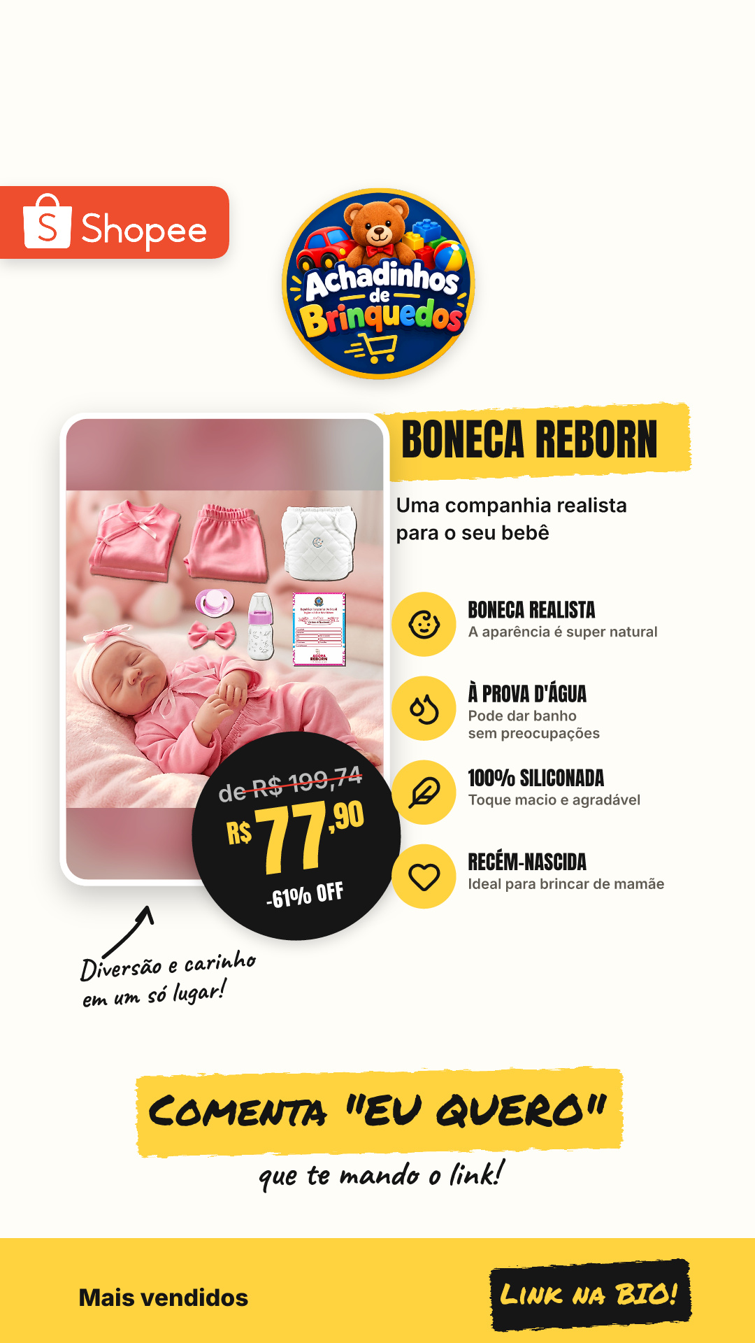 Bebê Reborn Boneca Realista Recém-Nascida 100% Siliconada Pode dar Banho