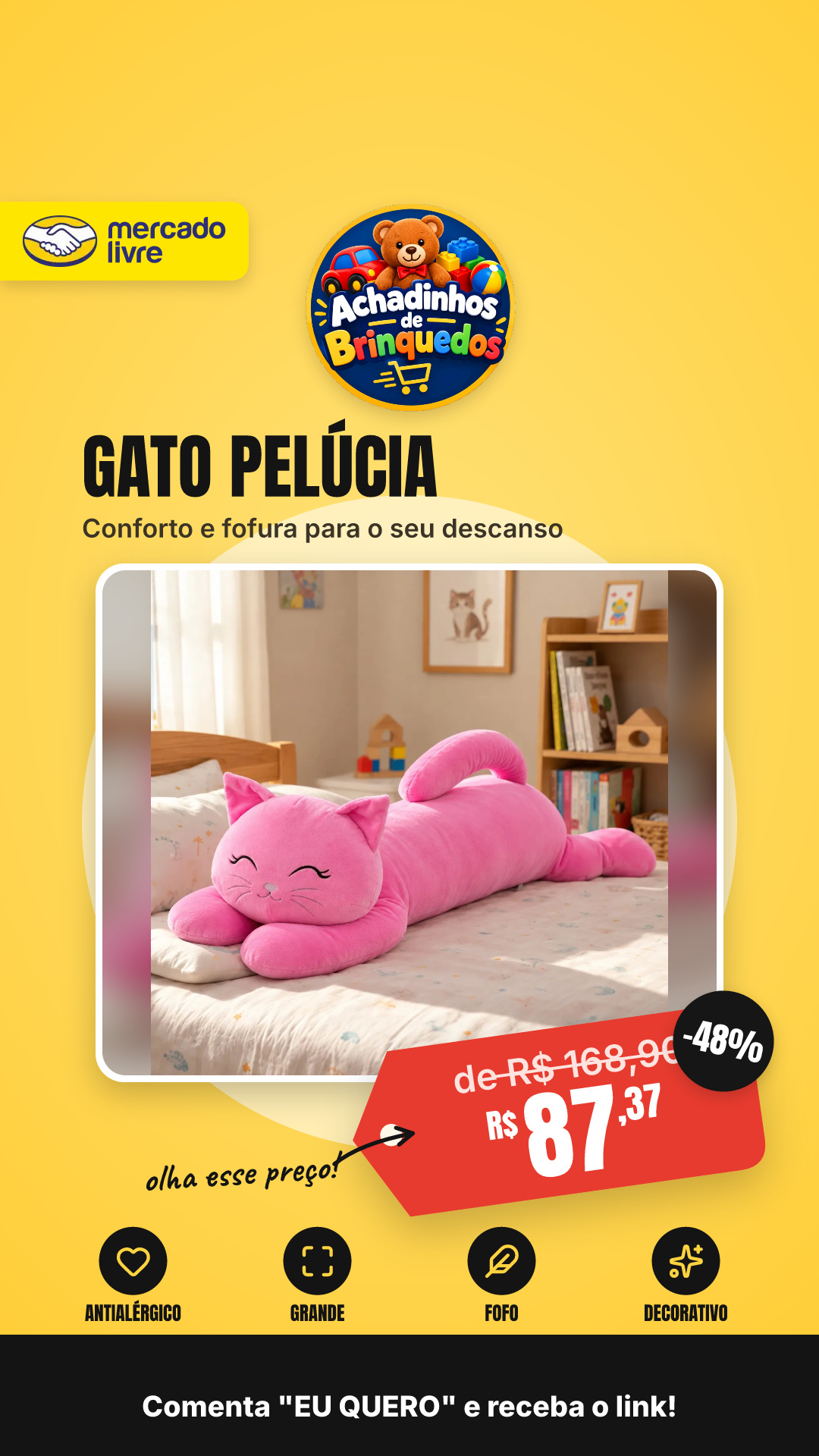 Gato Pelúcia Gigante Xuxão Travesseiro Grande Antialérgico Gato Rosa